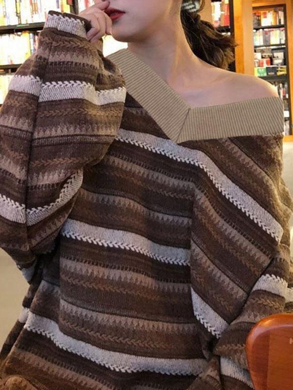 V Neck Striped Knit Sweater Product Image