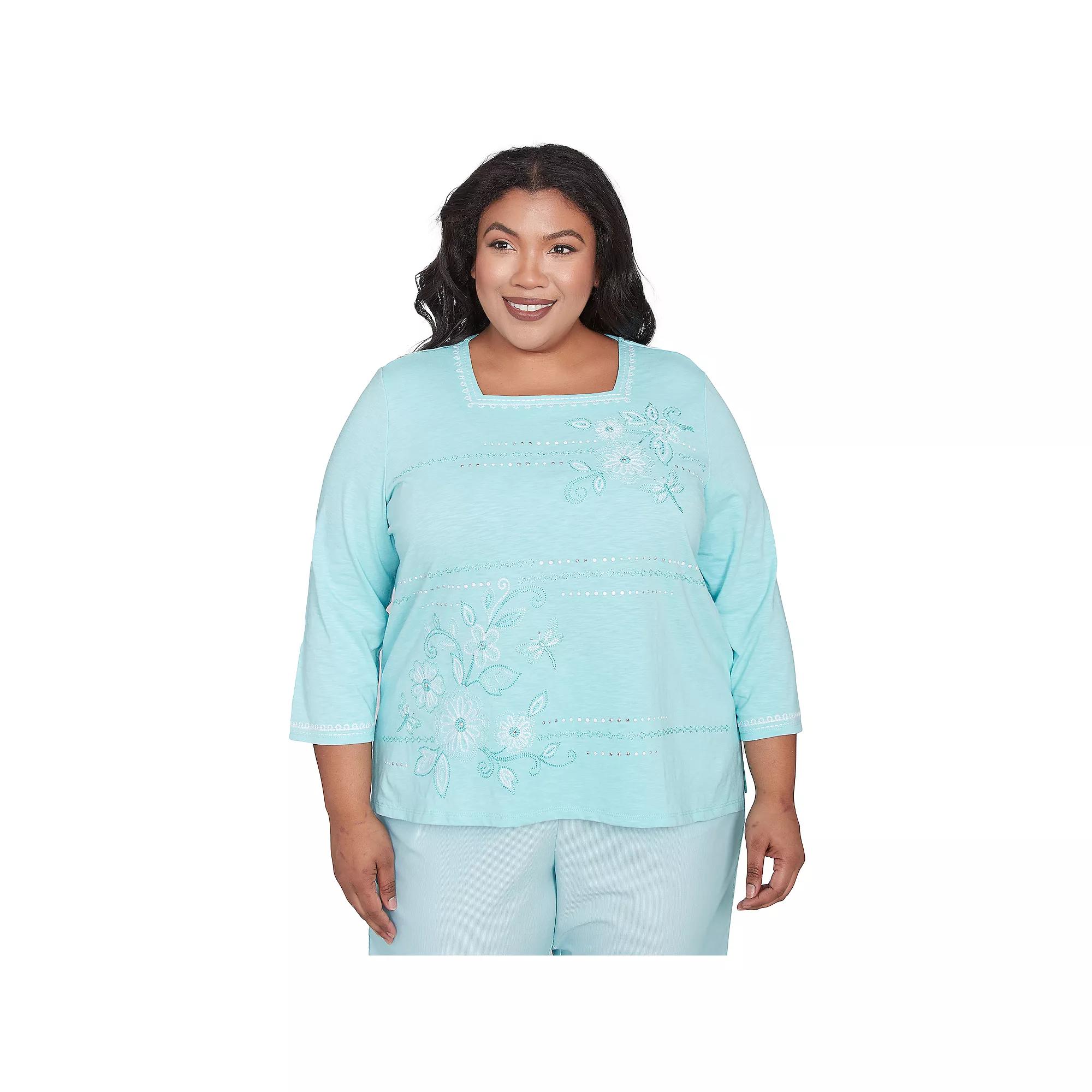 Plus Size Alfred Dunner Asymmetrical Dragonfly Embroidery Top, Women's, Size: 2XL, Green Product Image