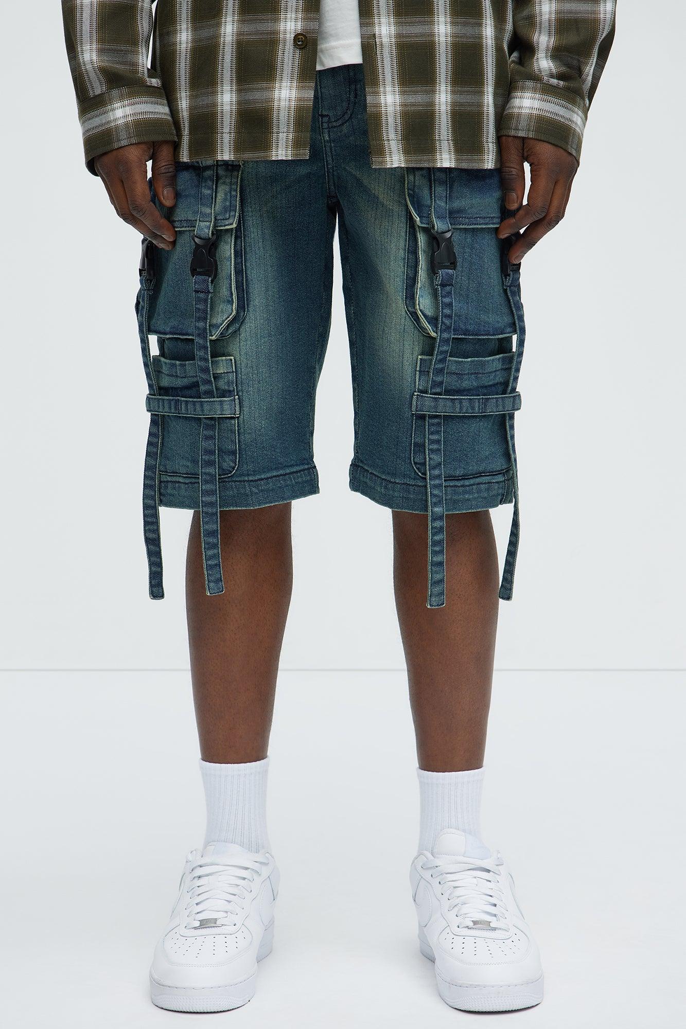 Buckle Strapped Relaxed Denim Shorts - Medium Blue Wash Product Image