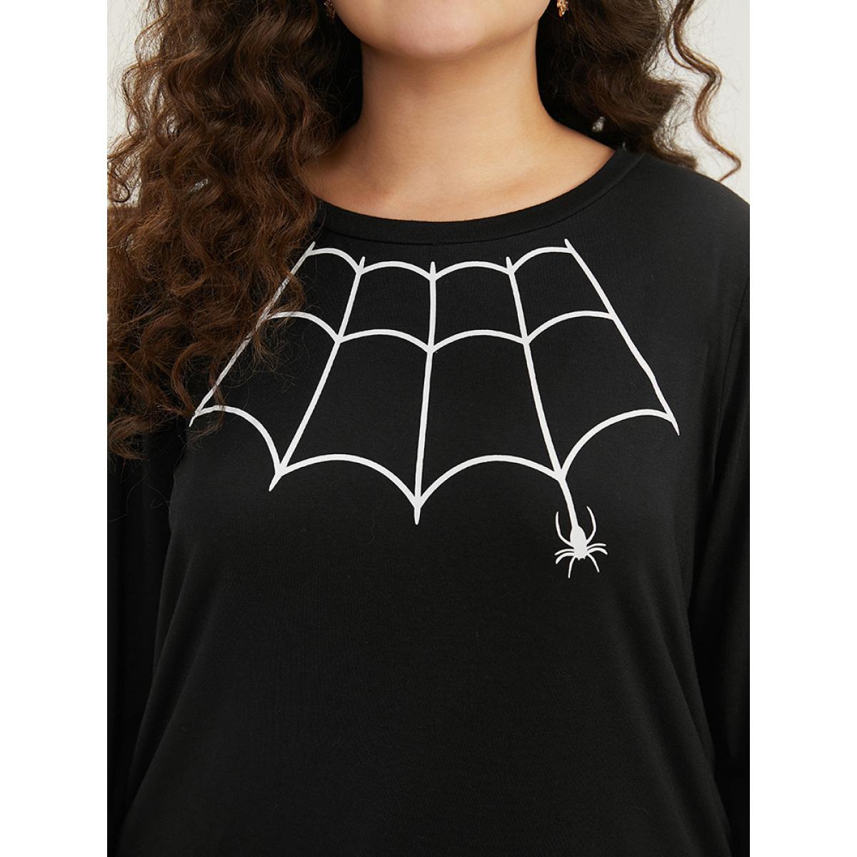 Plus Size Halloween Spider Web Print Round Neck T-shirt Black Women Casual Printed Halloween Round Neck Festival-Halloween T-shirts BloomChic 18-20/2X Product Image