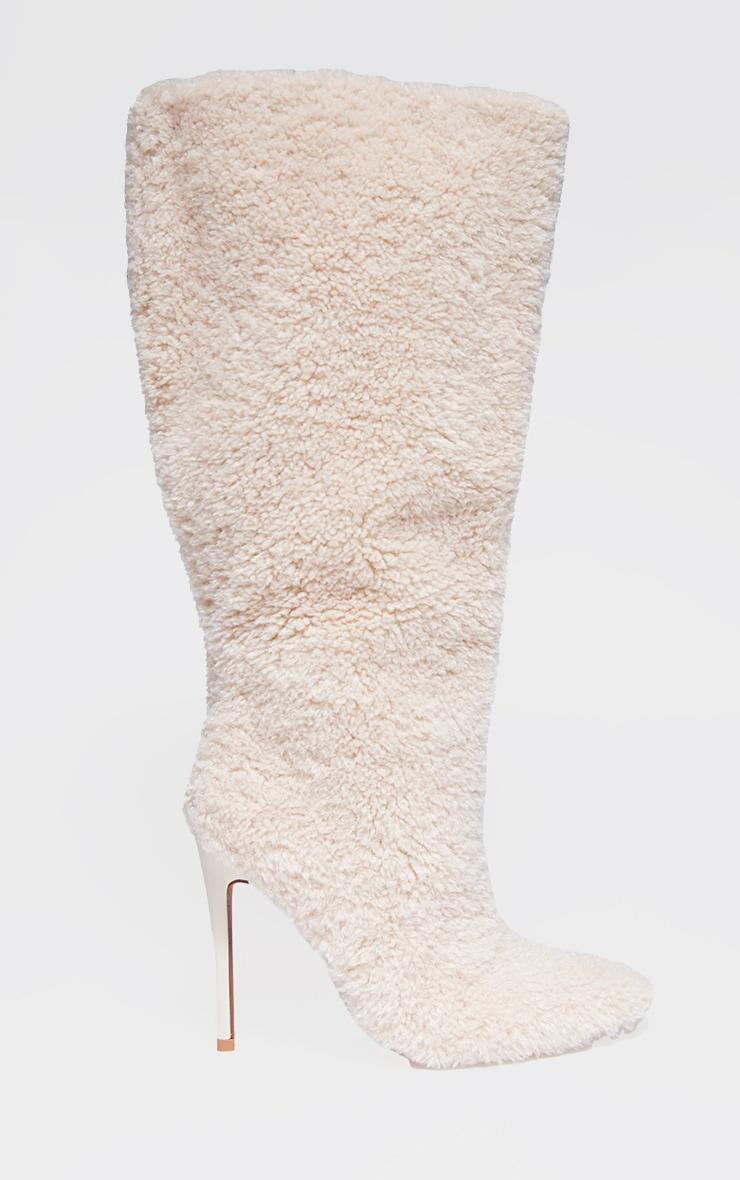 Cream Borg Point Toe High Stiletto Knee High Boots Product Image