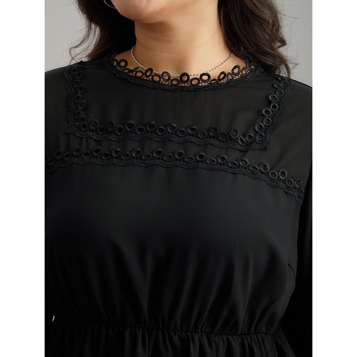 Plus Size Black Plain Ruffles Elastic Waist Lace Patchwork Blouse Women Office Long Sleeve Stand-up collar Office Blouses BloomChic 10/M Product Image