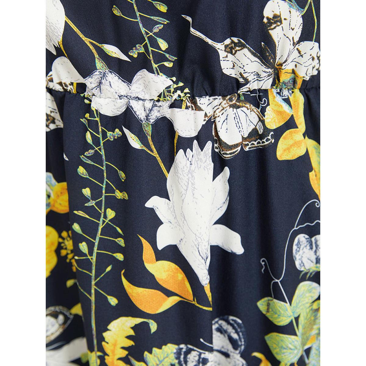 Plus Size Floral Print Pocket Sleeveless Ruffle Hem Dress DarkBlue Women Vacation Gathered Round Neck Sleeveless Curvy Midi Dress BloomChic 22-24/3X Product Image