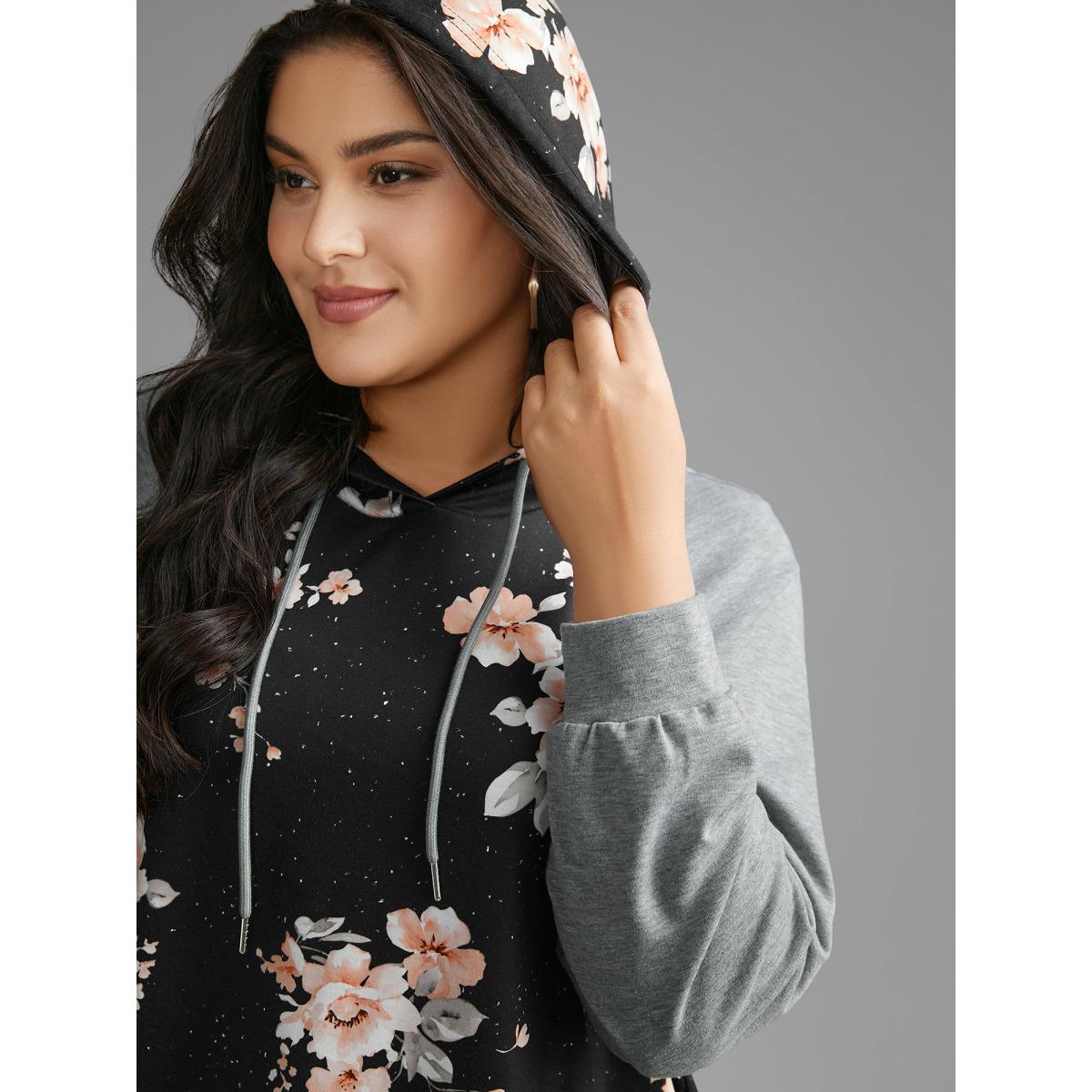Plus Size Floral Patchwork Hooded Drawstring Sweatshirt Women DarkGray Casual Contrast Hooded Everyday Sweatshirts BloomChic 10/M Product Image
