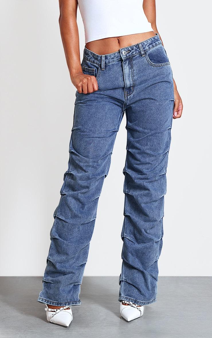 Vintage Wash Ruched Straight Leg Denim Jeans Product Image
