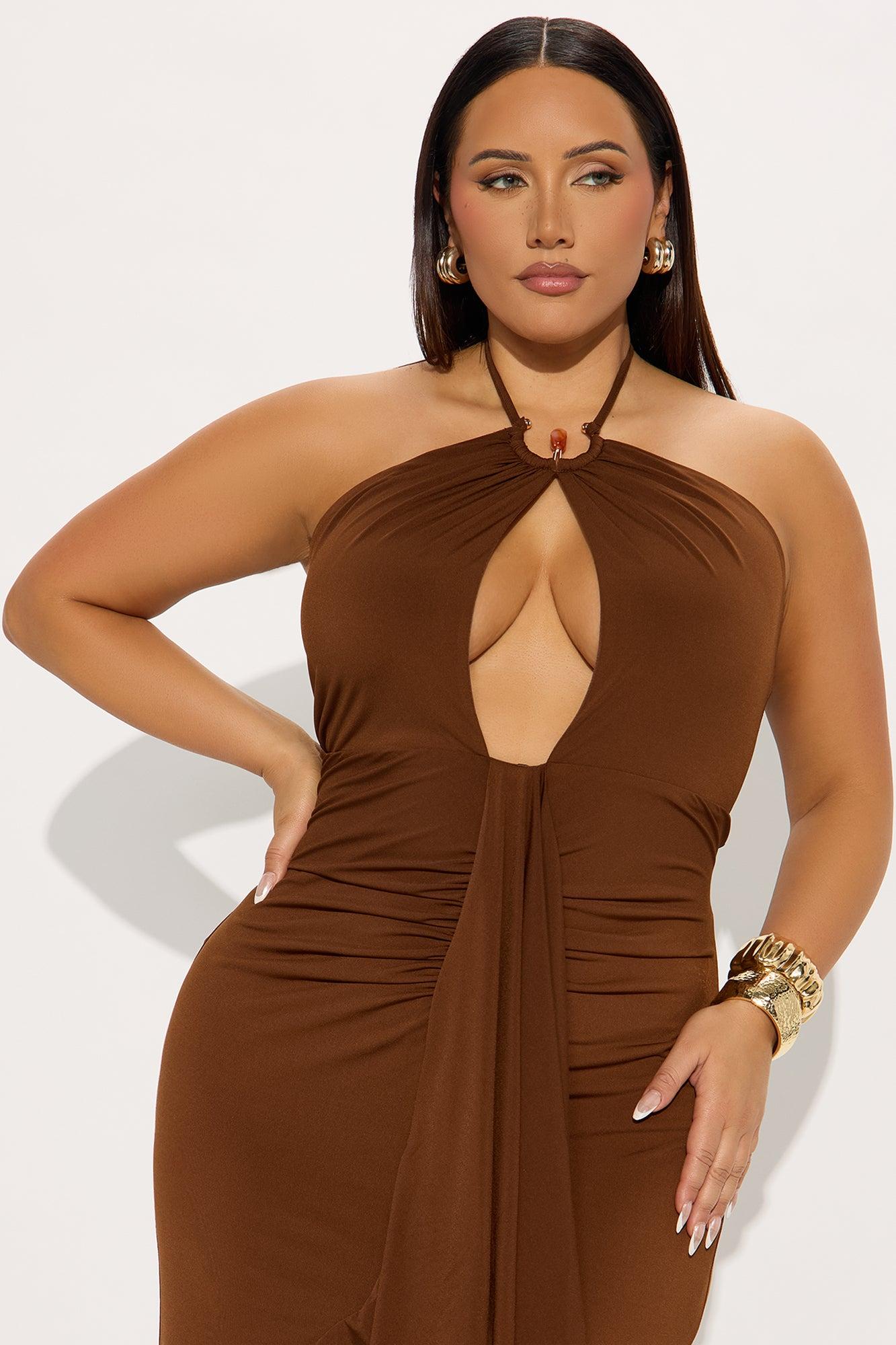 Elsa Halter Ruched Maxi Dress - Brown Product Image