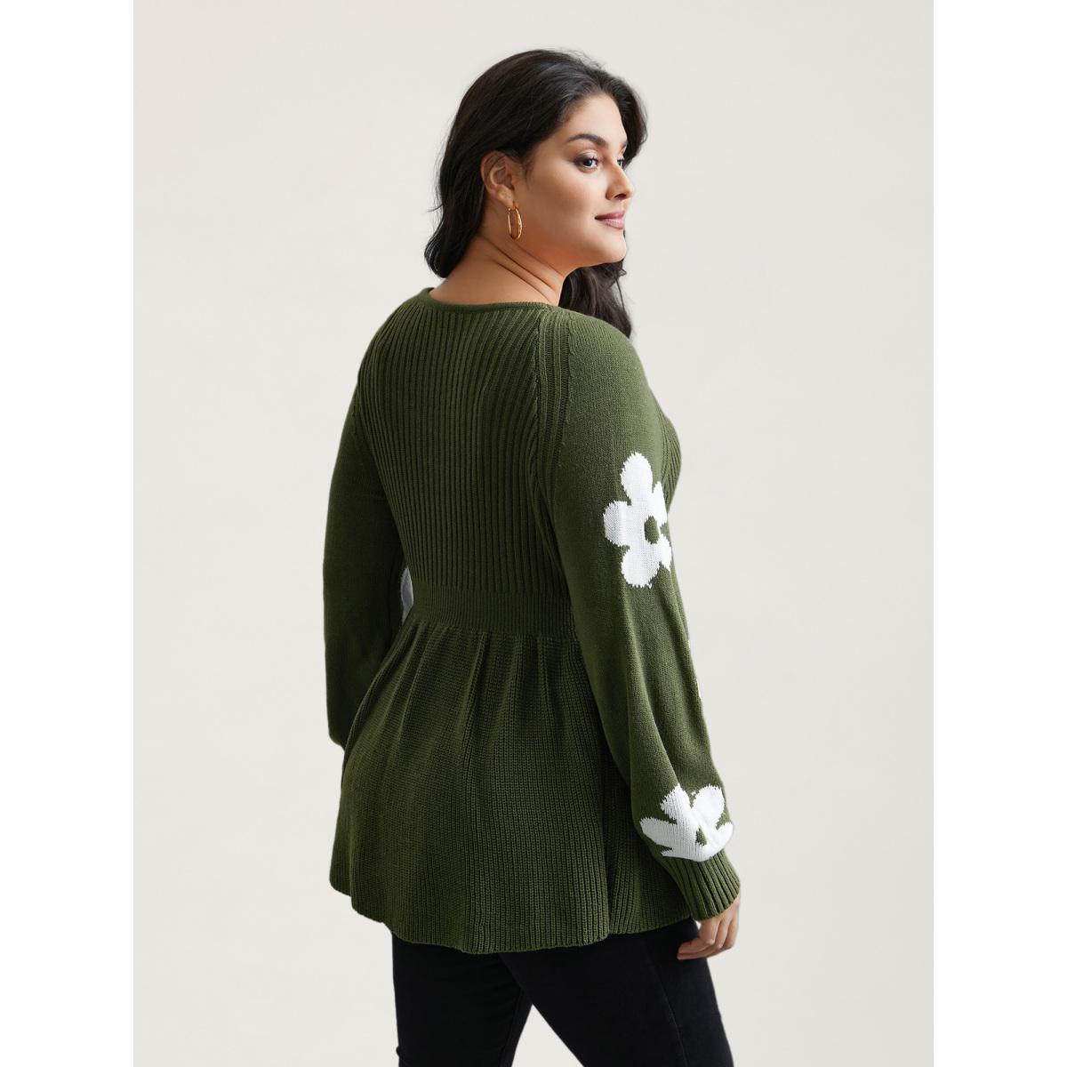 Plus Size Floral Patch Jacquard Cinched Waist Pullover ArmyGreen Women Timeless Bodycon Long Sleeve Square Neck Elegant Pullovers BloomChic 14-16/1X Product Image