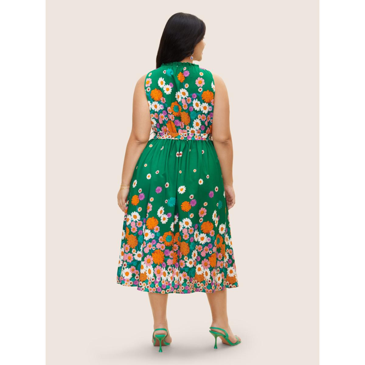 Plus Size Boho Print Frill Trim Sleeveless Midi Dress Truegreen Women Elegant Gathered Round Neck Sleeveless Curvy BloomChic 12/L Product Image