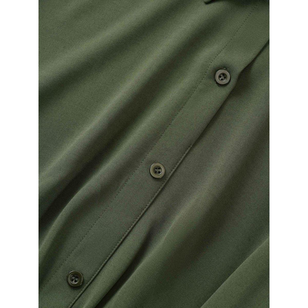 Plus Size Plain Texture Mesh Belted Asymmetrical Hem Dress ArmyGreen Women At the Office Texture Shirt collar Short sleeve Curvy Midi Dress BloomChic 14-16/1X Product Image