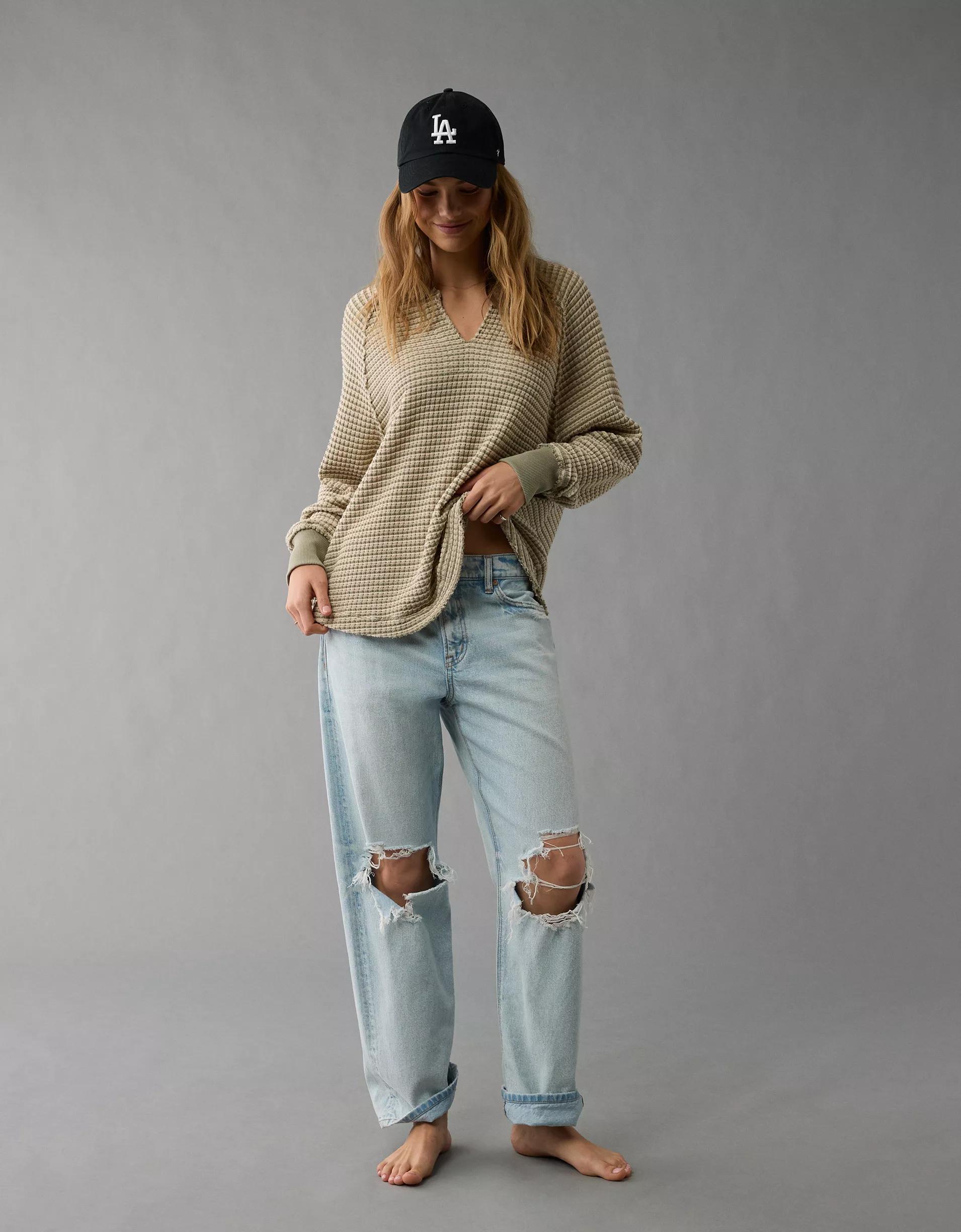 AE Big Hug Notch Neck Waffle Sweatshirt Product Image