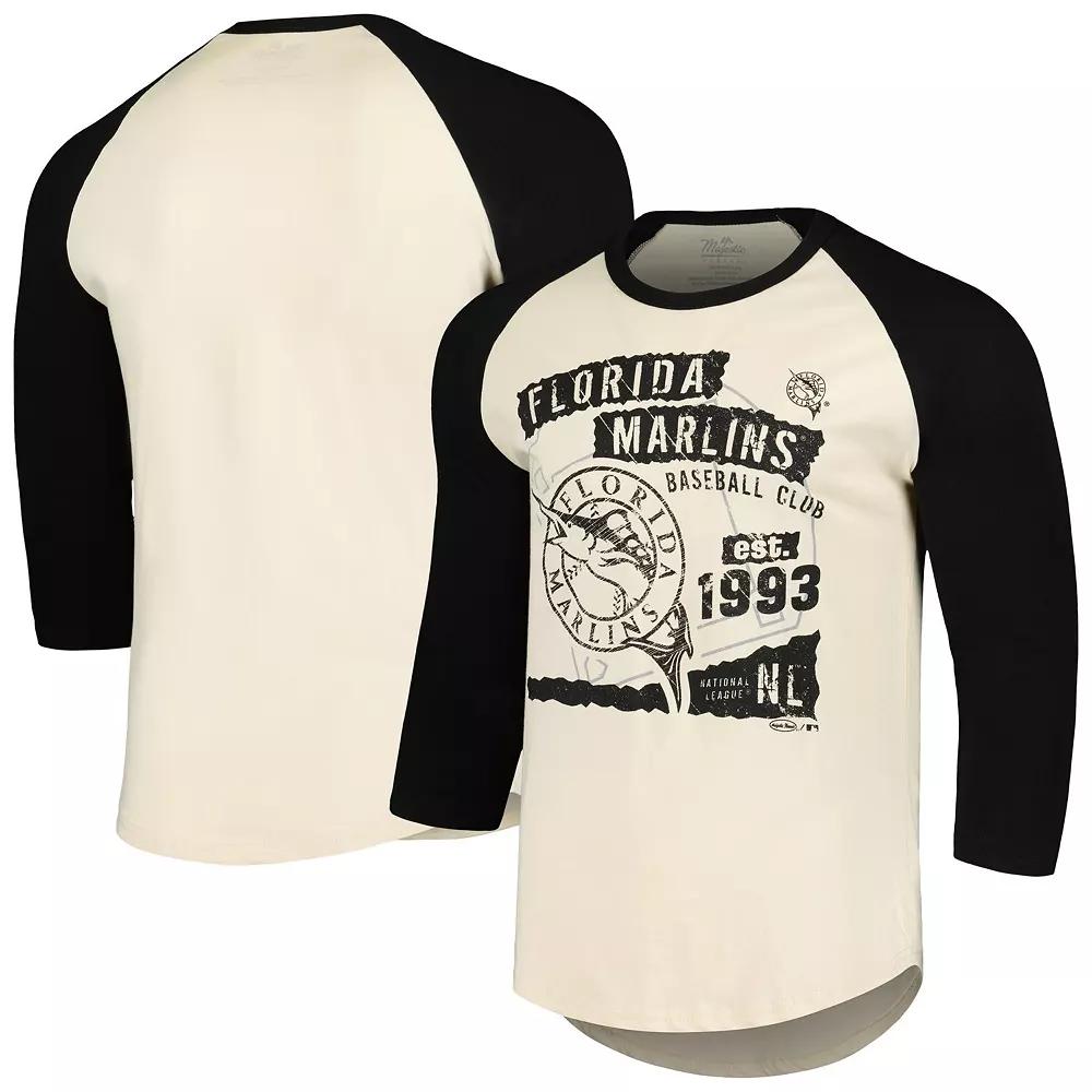 Men's Majestic Threads Cream/Black Miami Marlins Raglan 3/4-Sleeve T-Shirt, Size: XL, Beige Product Image