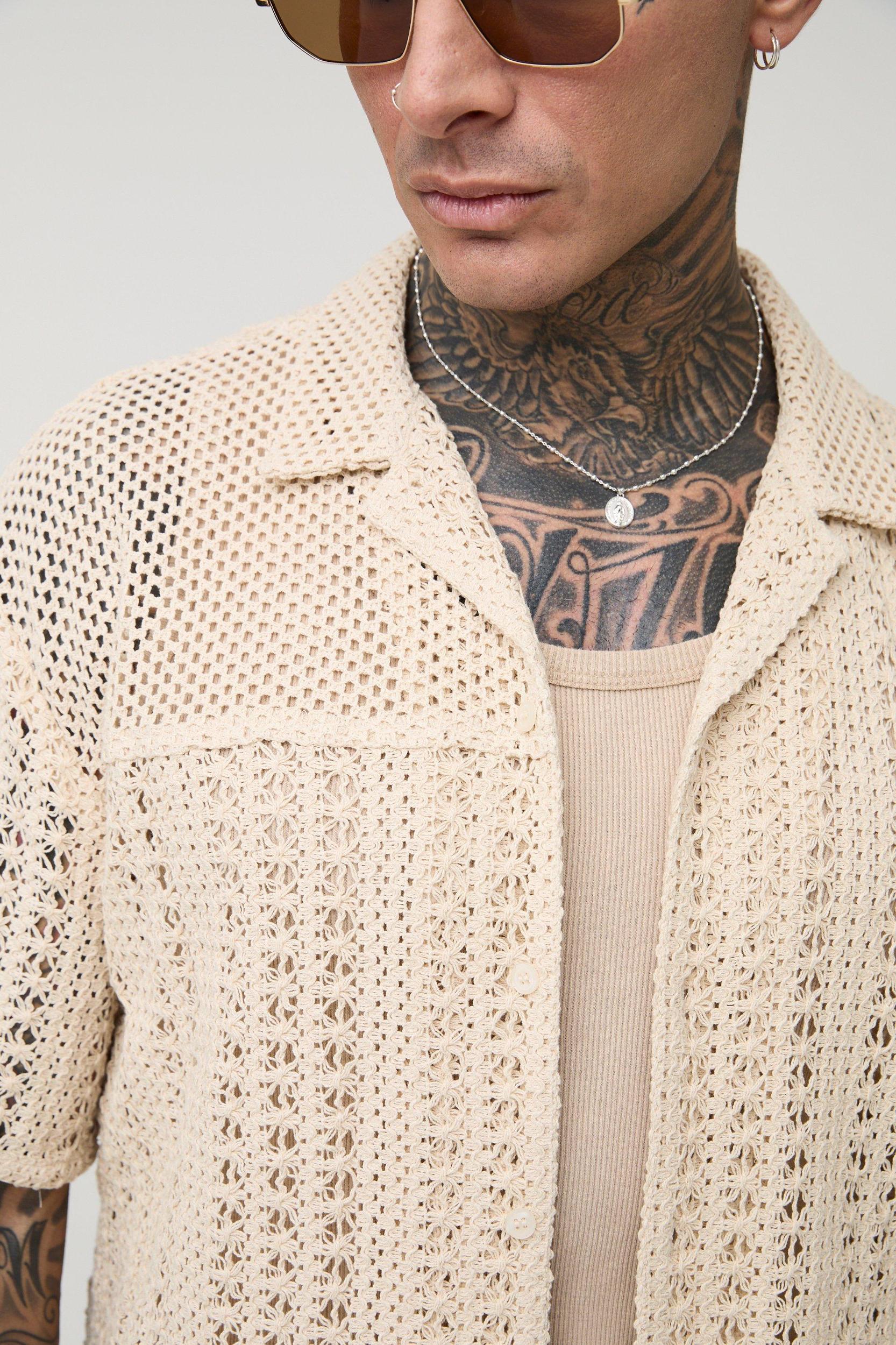 Tall Oversized Crochet Panel Revere Shirt | boohooMAN USA Product Image