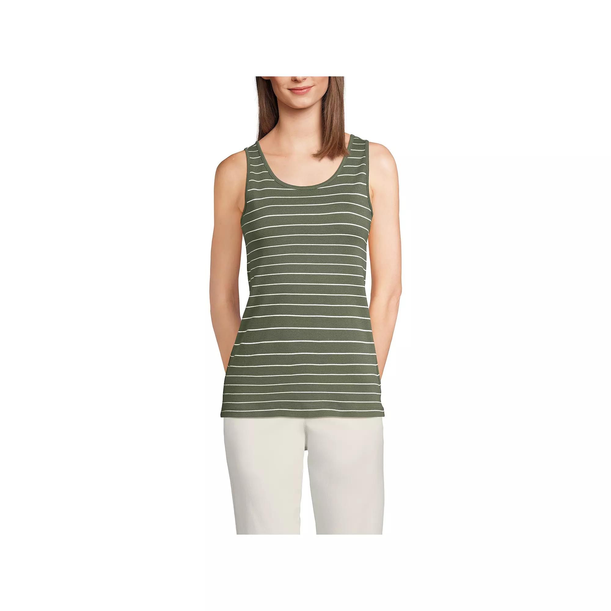 Women's Lands' End Cotton Tank Top, Size: Large Tall, Moss Ivory Stripes Product Image