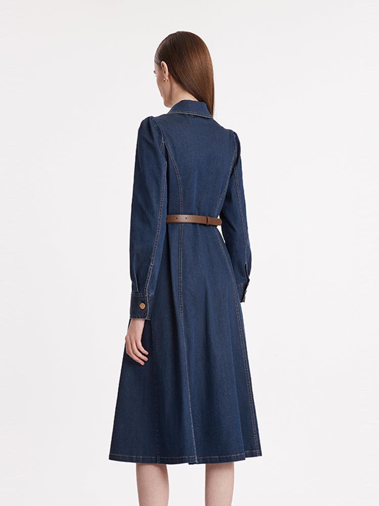 Single-Breasted Lapel Women Midi Denim Dress With Belt Product Image