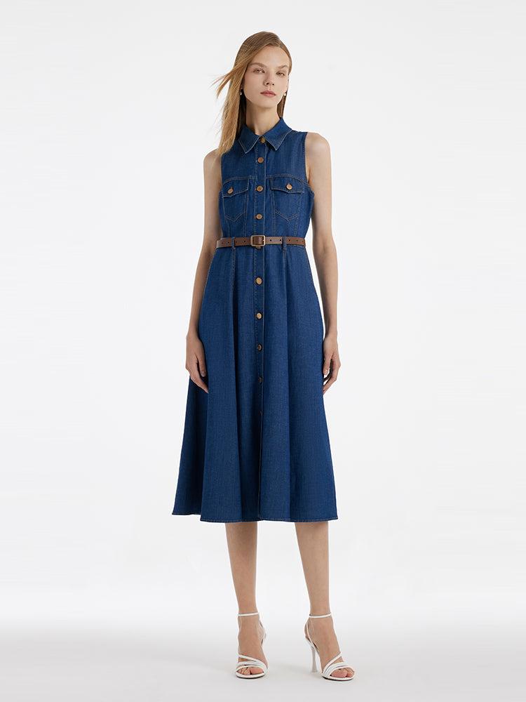 Denim Lapel Women Midi Vest Dress With Belt Product Image