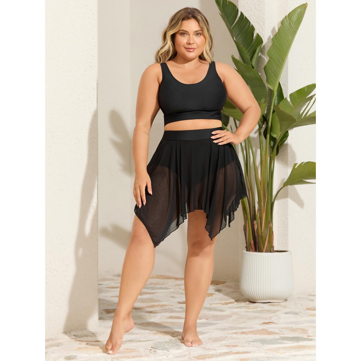Plus Size Rubber Waist Handkerchief Hem Swim Bottoms Women's Swimwear Black Beach Asymmetrical High stretch Bodycon High Rise Curve Swim Bottoms BloomChic 14-16/1X Product Image