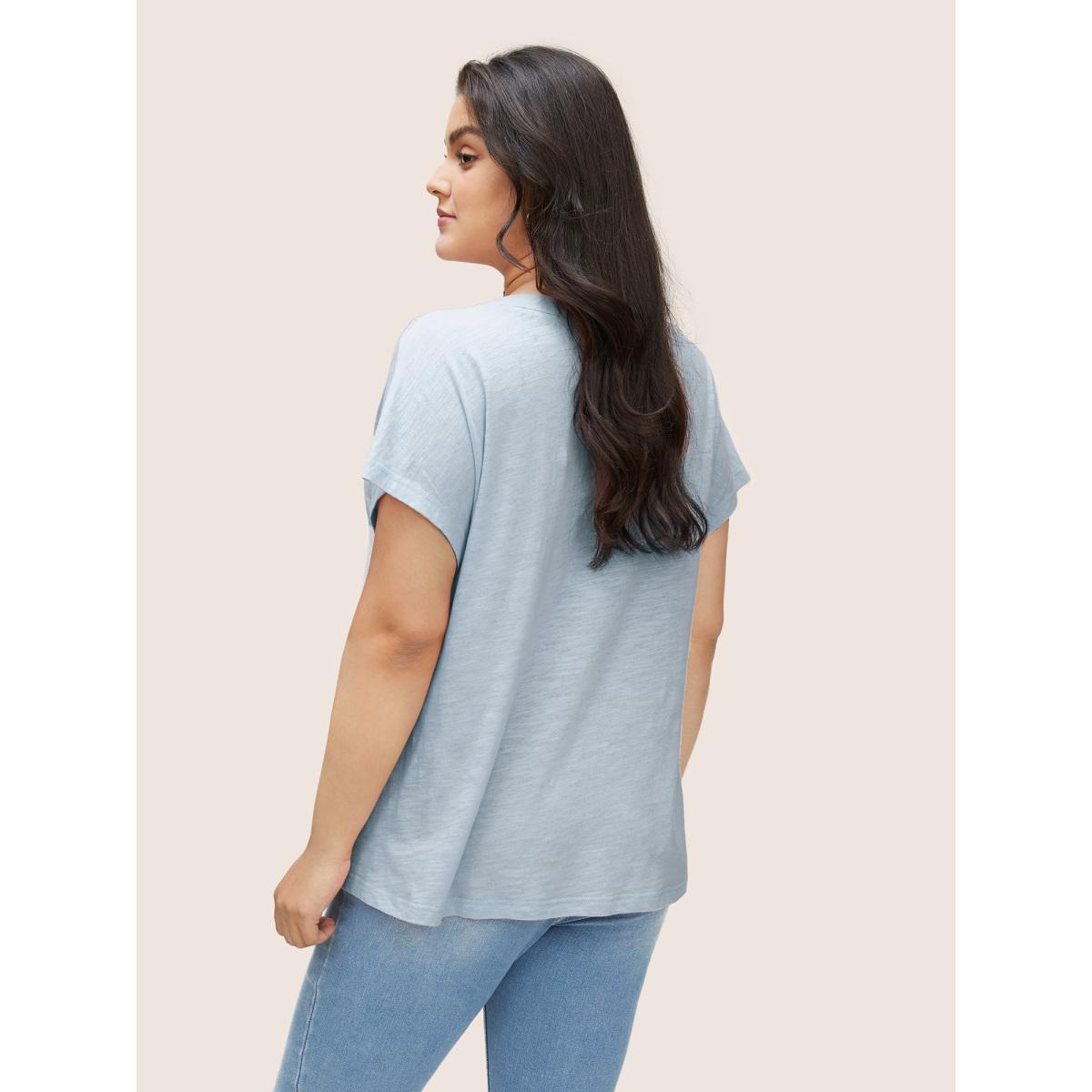 Plus Size Cotton Solid Notched Dolman Sleeve T-shirt LightBlue Women Casual Non Plain Notched collar Everyday T-shirts BloomChic 28/5X Product Image