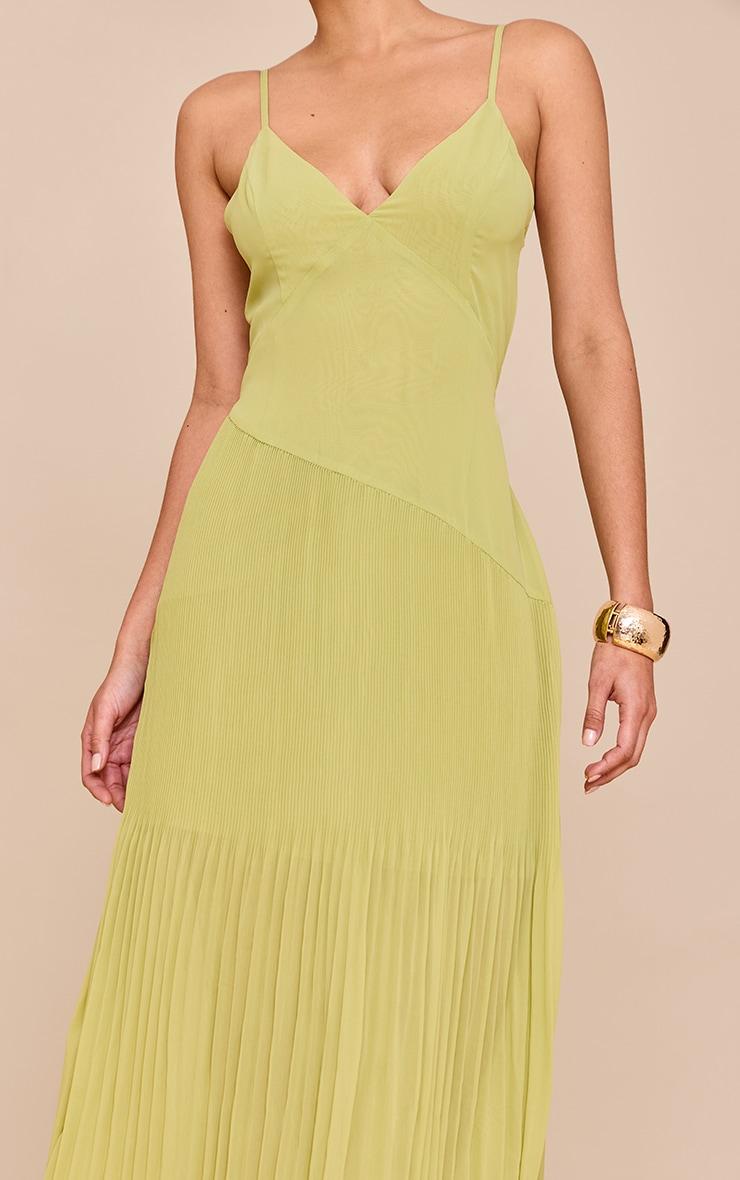 Lime Woven Pleated Hem Detail Spaghetti Maxi Dress Product Image
