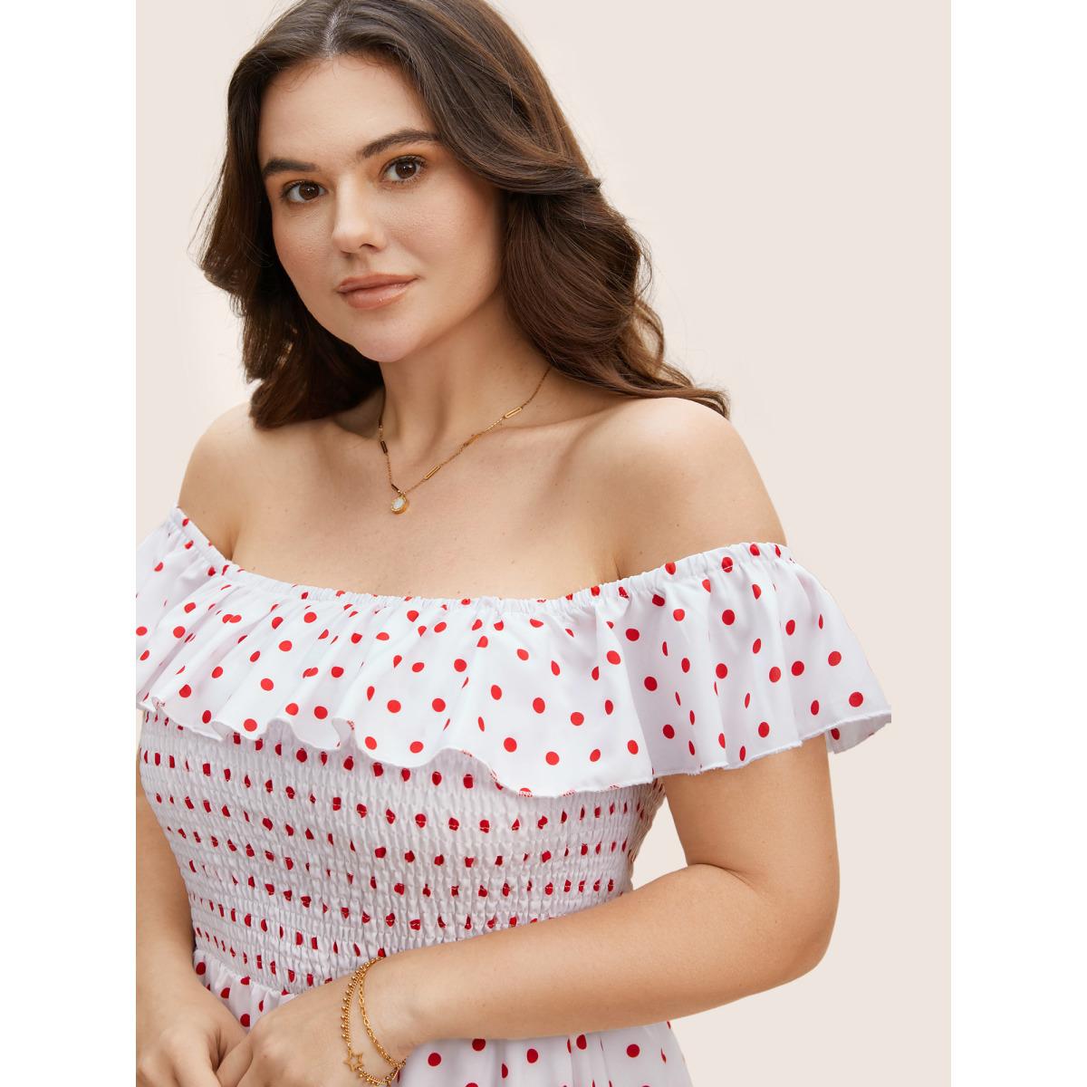 Plus Size Off Shoulder Polka Dot Shirred Ruffles Dress Originalwhite Women Elegant Shirred One-shoulder neck Short sleeve Curvy BloomChic 14-16/1X Product Image