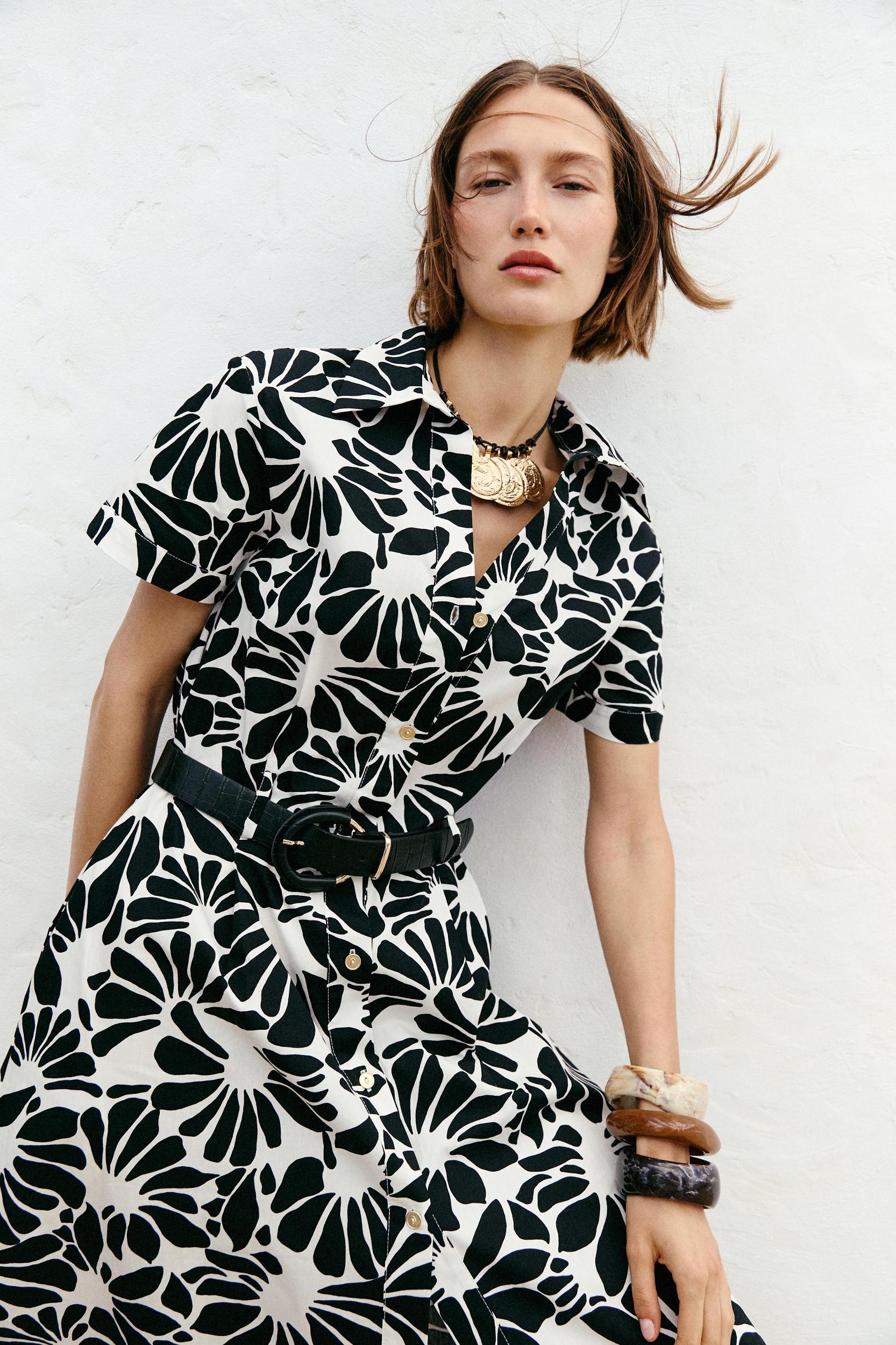 PRINTED POPLIN MIDI DRESS WITH BELT Product Image