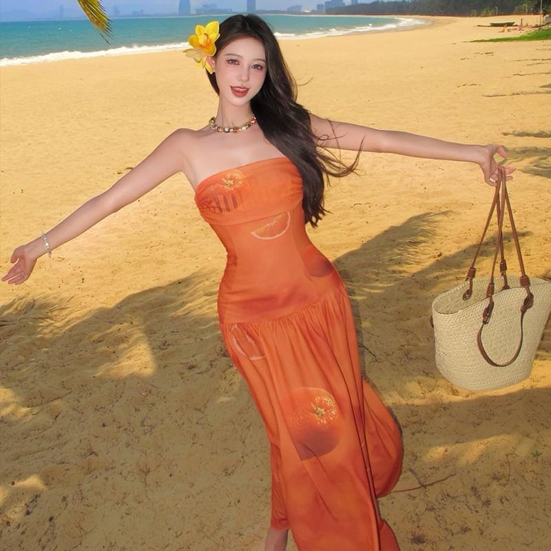 Strapless Printed Slit Midi A-Line Dress Product Image