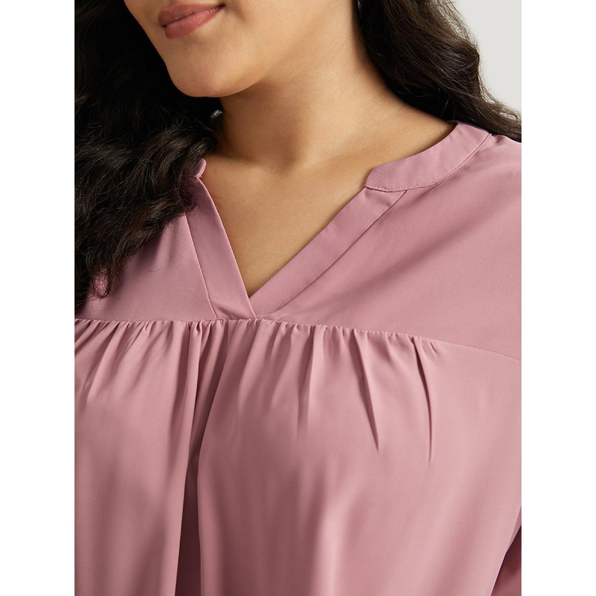 Plus Size DustyPink Plain Pleated Ties Beaded Notched Blouse Women Elegant Long Sleeve Notched collar Dailywear Blouses BloomChic 18-20/2X Product Image