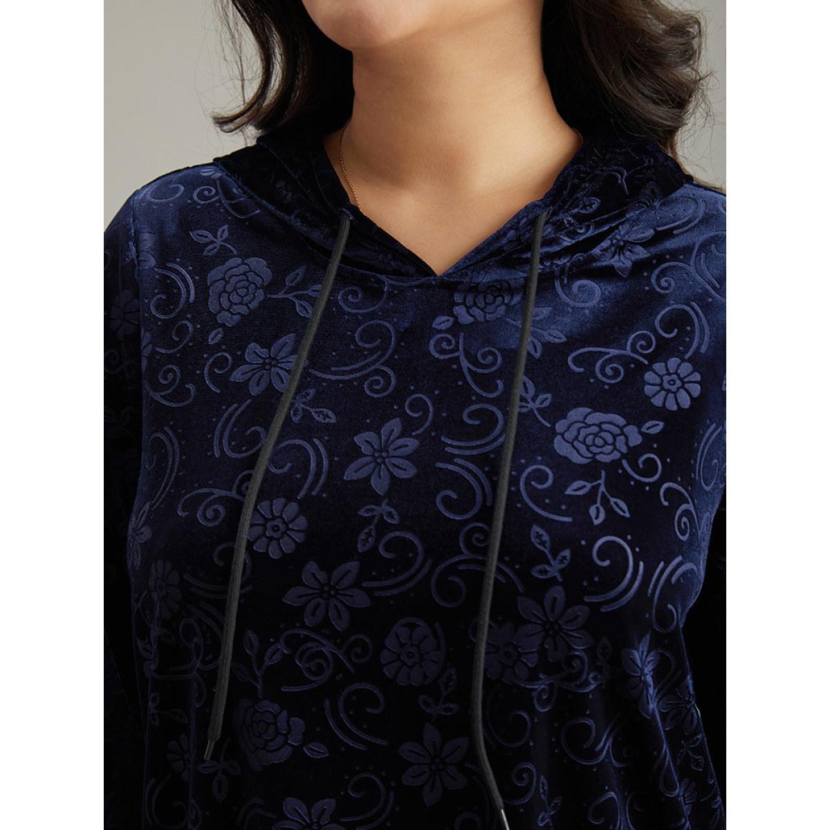 Plus Size Velvet Solid Floral Hooded Drawstring Sweatshirt Women Navy Elegant Elastic cuffs Hooded Dailywear Sweatshirts BloomChic 26/4X Product Image