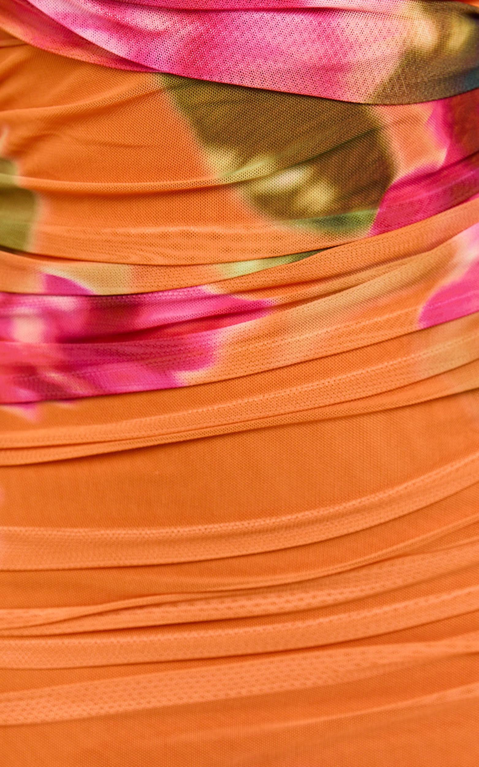 Theadore Mini Dress - Strapless Ruched Bodycon Dress in Tropical Sunset Product Image