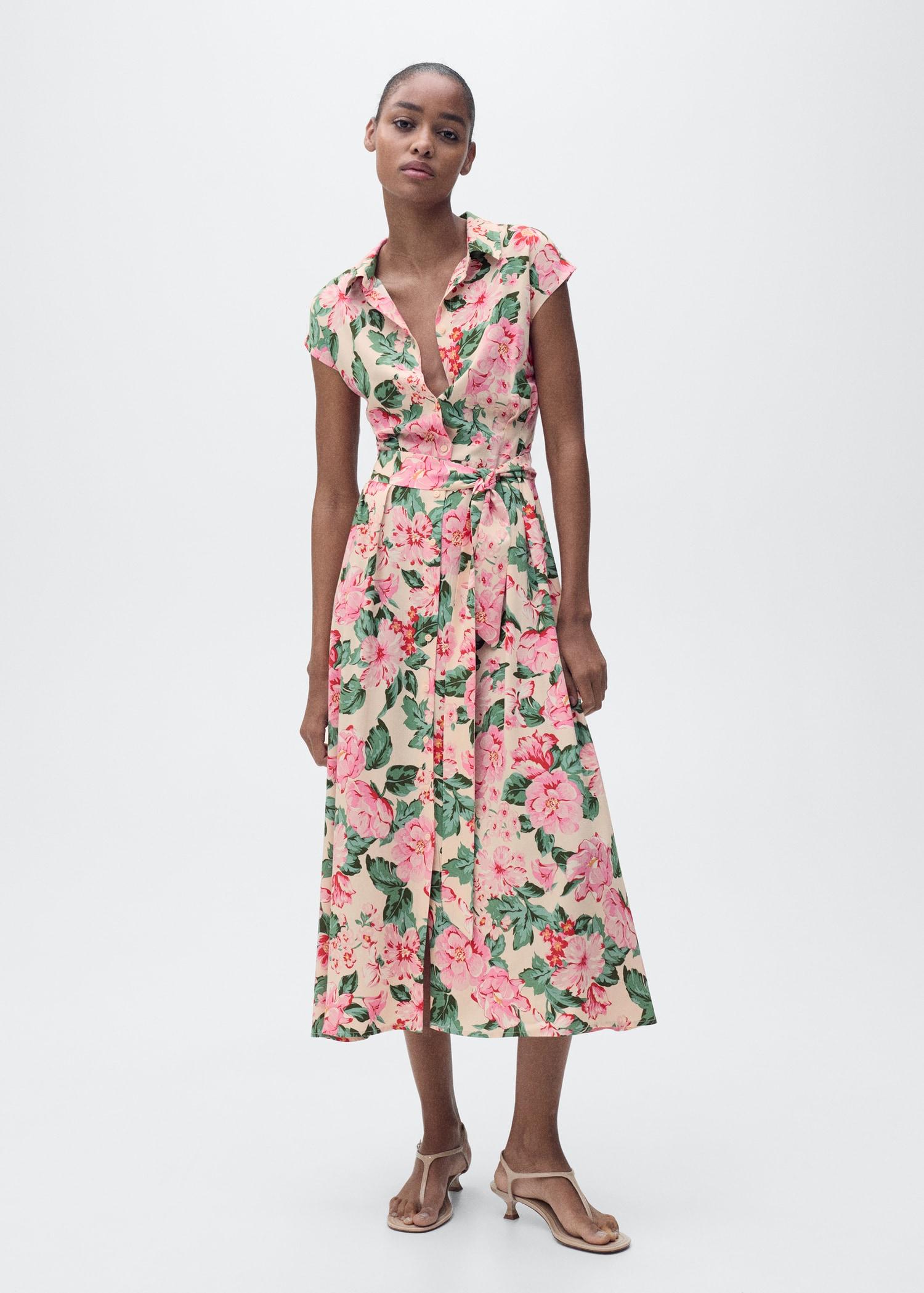 Printed shirt dress with belt - Women | MANGO USA Product Image