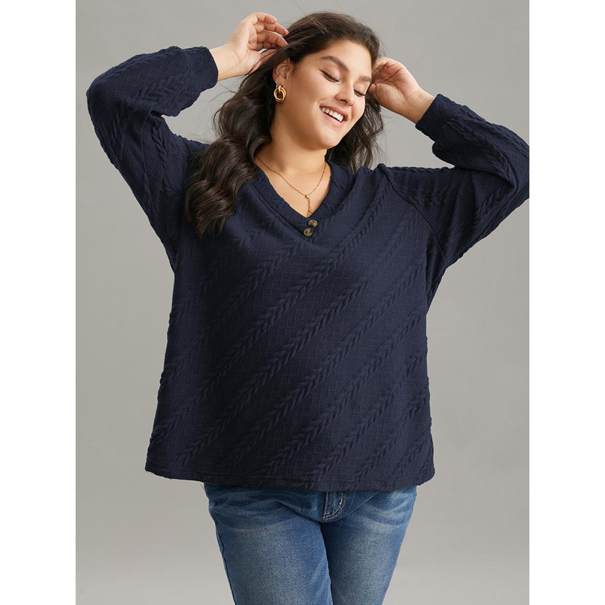 Plus Size Plisse Solid Button Detail Sweatshirt Women Indigo Elegant Texture V-neck Everyday Sweatshirts BloomChic 18-20/2X Product Image