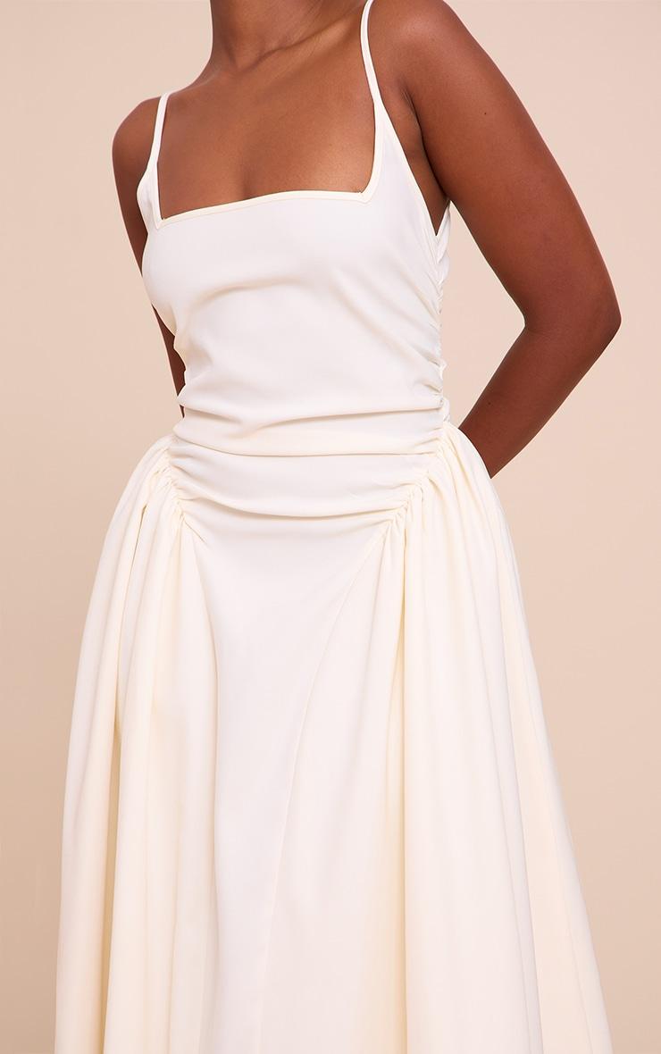 Cream Woven Ruched Strappy Midi Dress Product Image