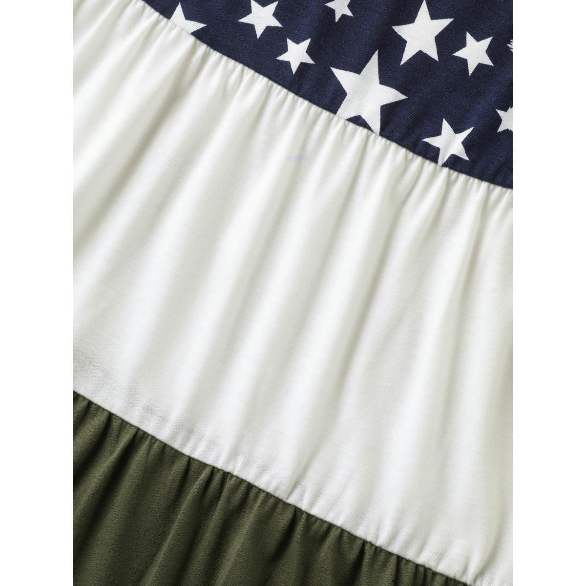 Plus Size Star Print Color Contrast Tiered T-Shirt Multicolor Women Gathered V-neck Everyday-Casual T-shirts BloomChic 12/L Product Image