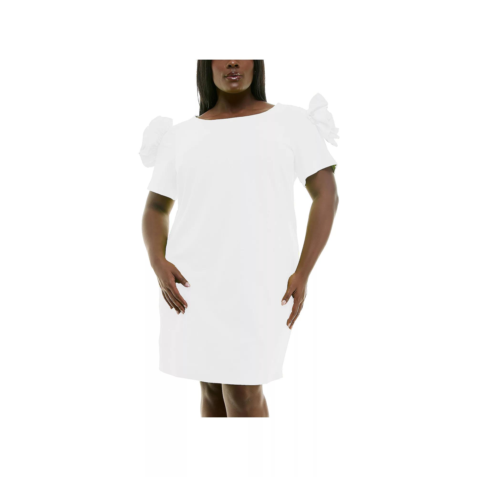 Plus Size Nina Leonard Shoulder Flower Ruffle Mini Sheath Dress, Womens Product Image