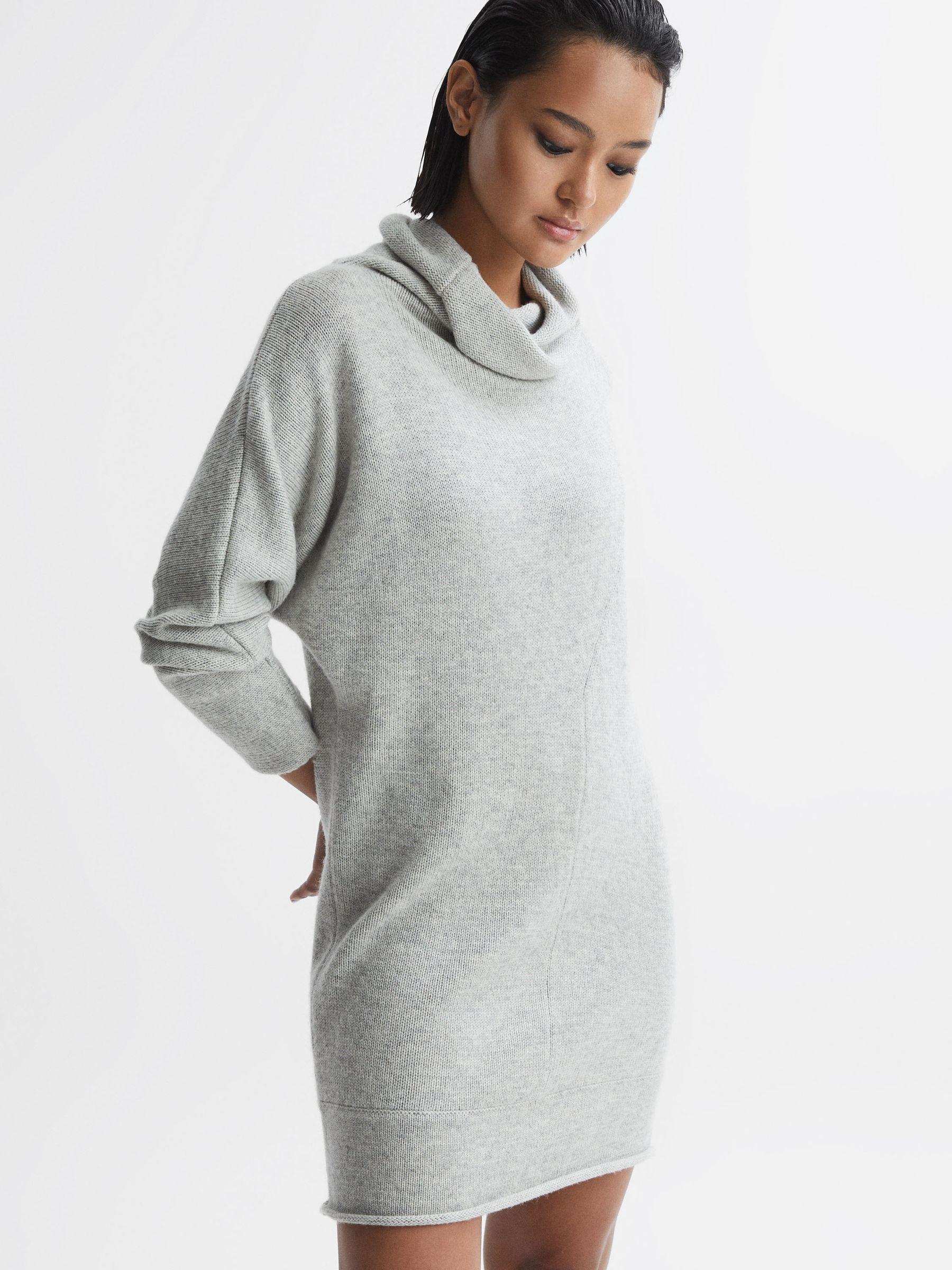 Oversized Wool Blend Cowl Neck Mini Dress in Soft Grey Product Image