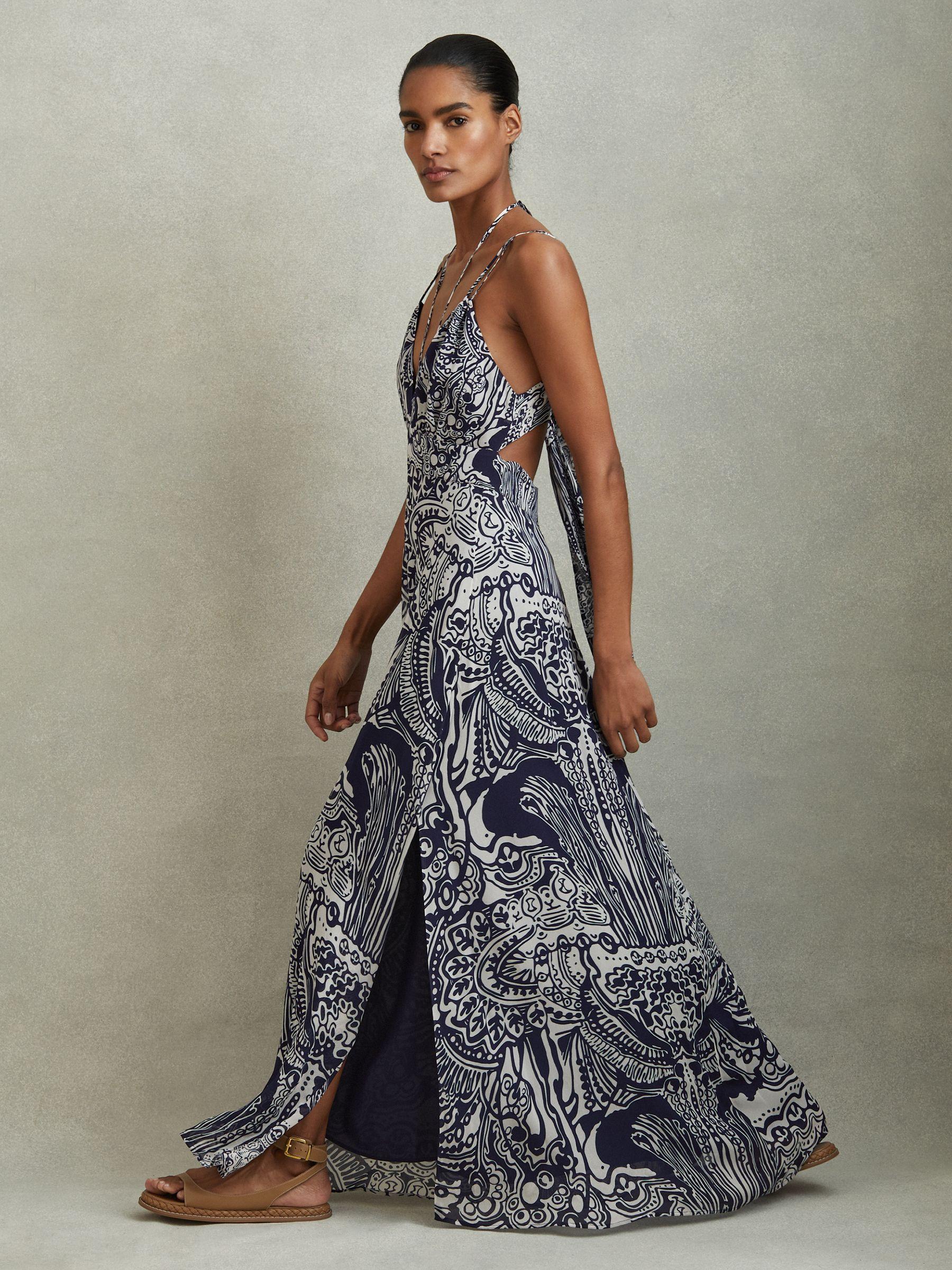Printed Strappy Resort Midi Dress in Navy Product Image