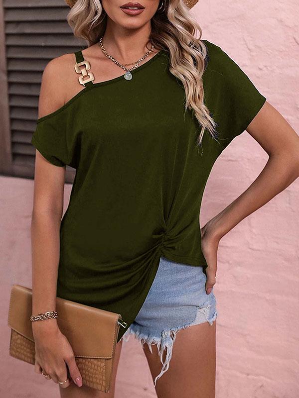 Loose Plus Size Asymmetric Chains Pleated One-Shoulder T-Shirts Tops Product Image
