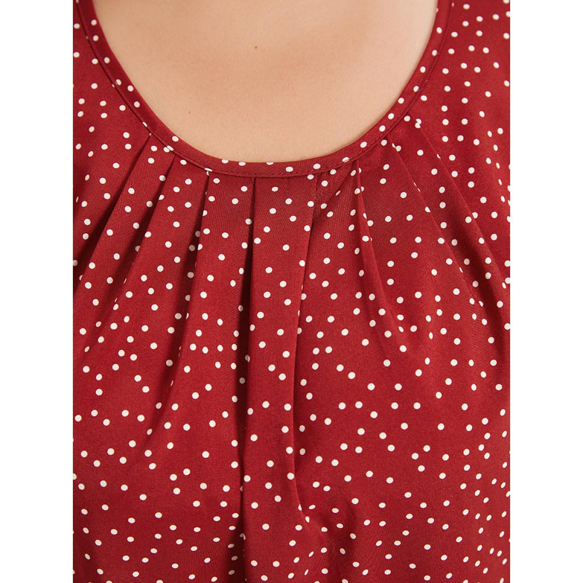 Plus Size Polka Dot Elastic Waist Plicated Detail Ruffle Sleeve Bodysuit Women Red Polka Dot Pleated Bodysuits BloomChic 30/6X Product Image