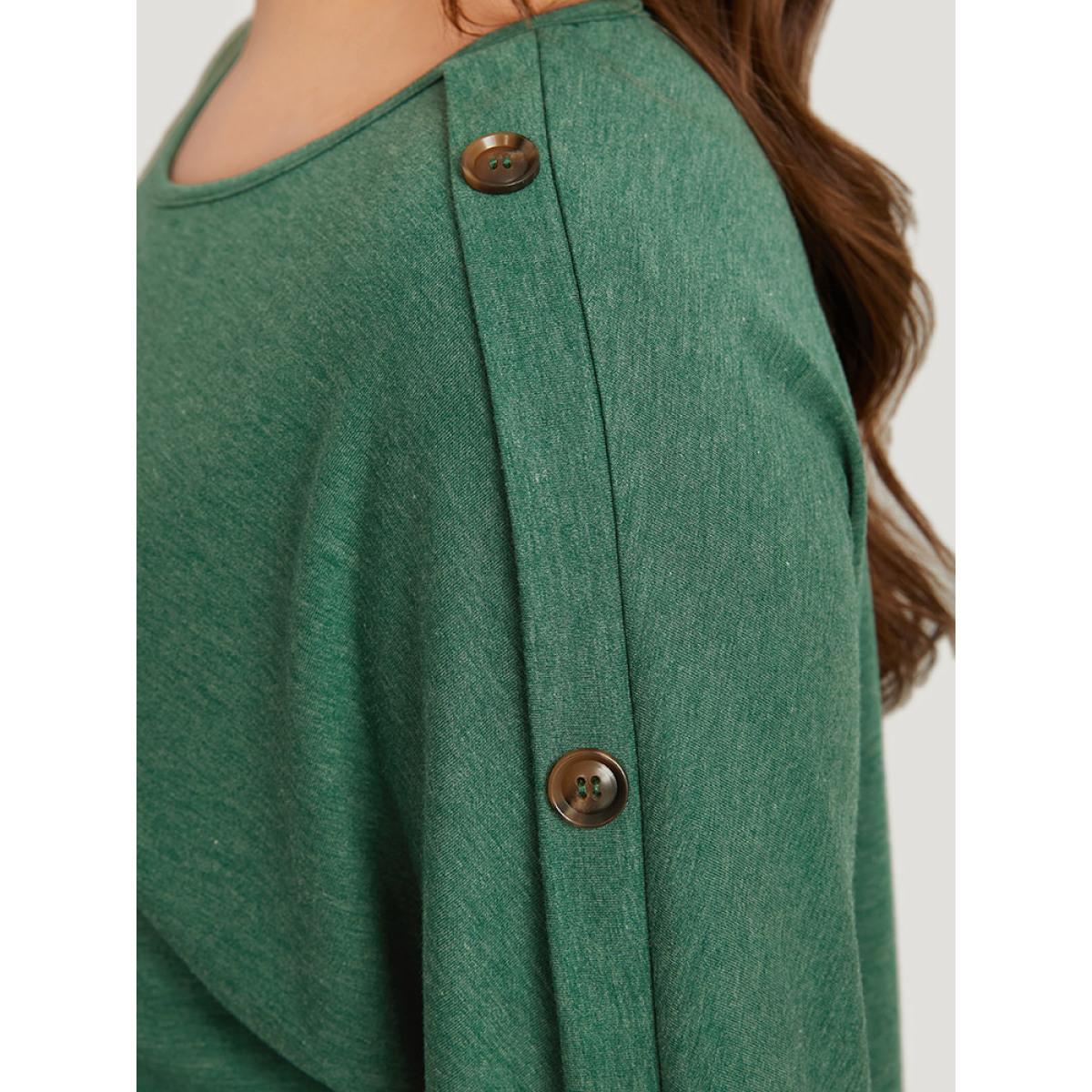 Plus Size Solid Round Neck Button Detail Dolman Sleeve Sweatshirt Women DarkGreen Casual Elastic cuffs Round Neck Dailywear Sweatshirts BloomChic 22-24/3X Product Image