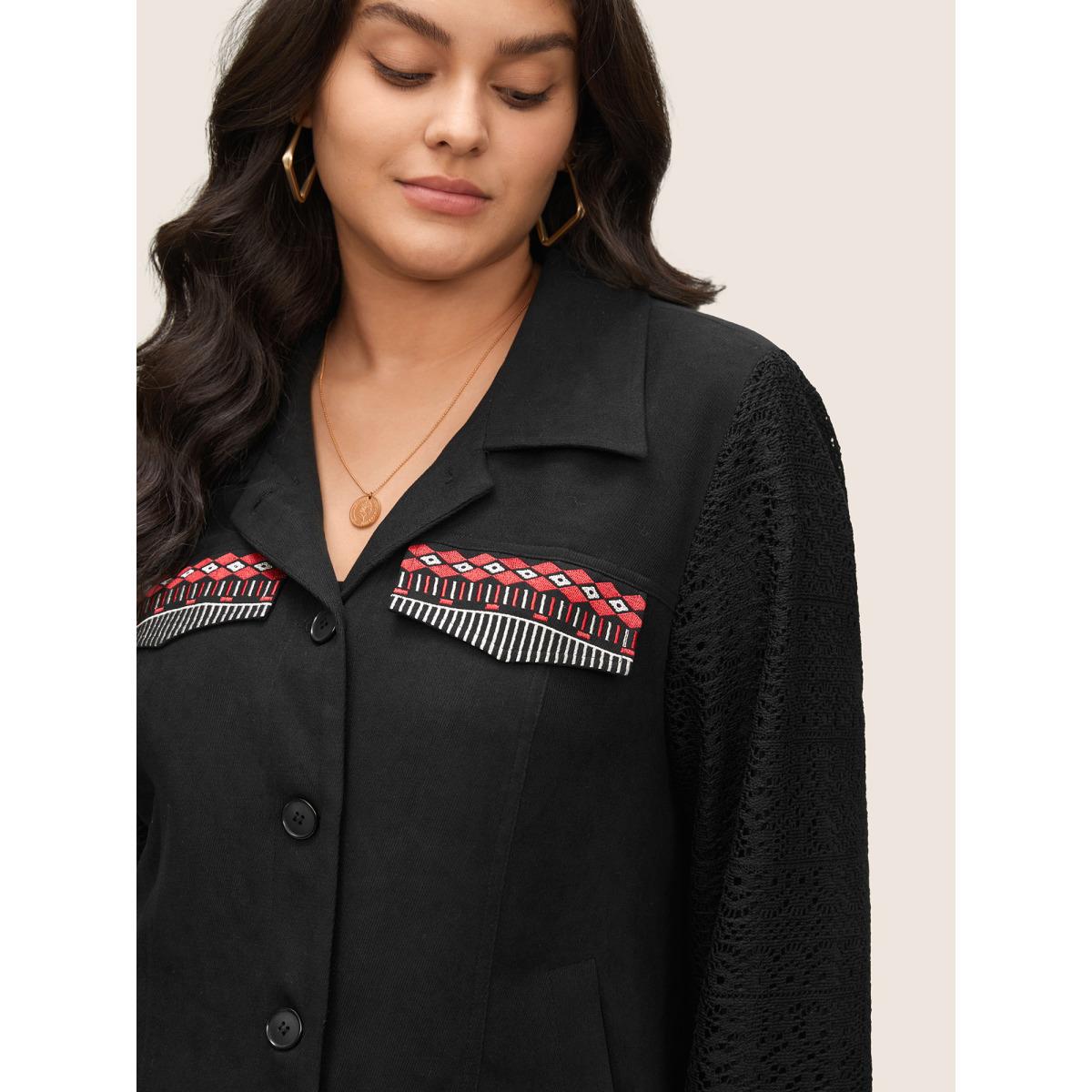 Plus Size Patchwork Embroidered Flap Detail Jacket Women Black Non Slanted pocket Everyday Jackets BloomChic 18-20/2X Product Image