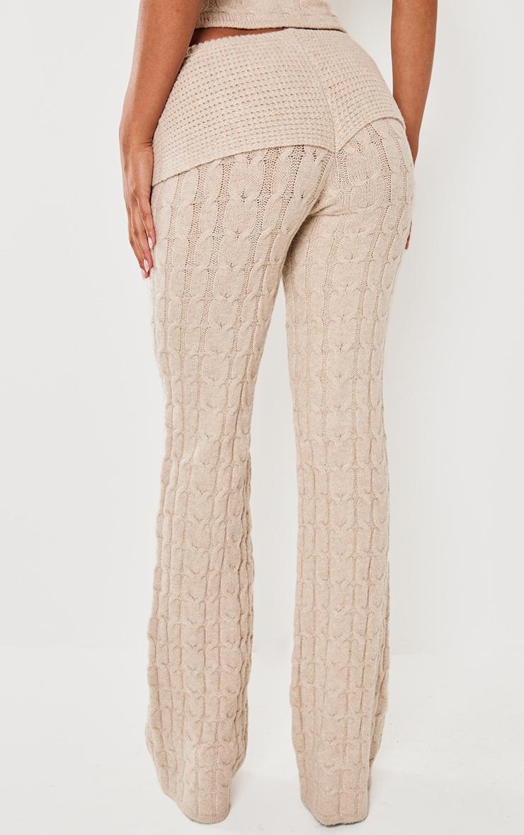 Oatmeal Marl Textured Knit Foldover Wide Leg Pants Product Image