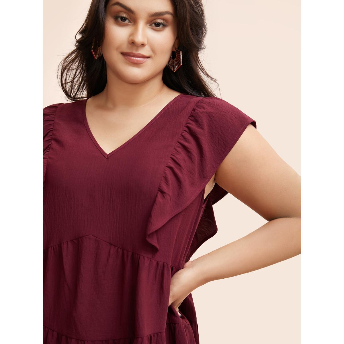 Plus Size Burgundy Solid Layered Hem Ruffle Cap Sleeve Blouse Women Elegant Cap Sleeve V-neck Everyday Blouses BloomChic 14-16/1X Product Image