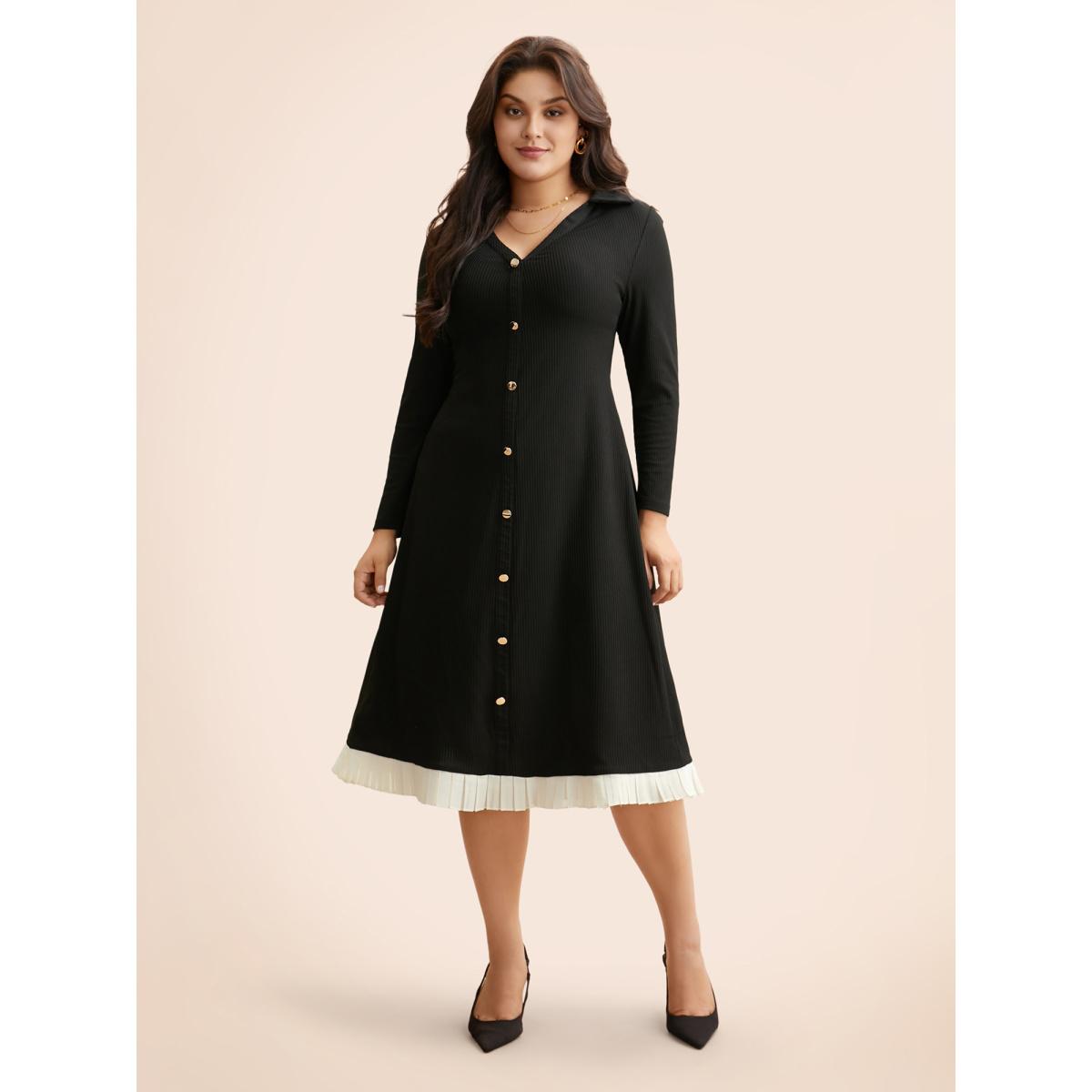 Plus Size Texture Patchwork Pleated Metal Detail Dress Black Women Elegant Texture Shirt collar Long Sleeve Curvy BloomChic 18-20/2X Product Image