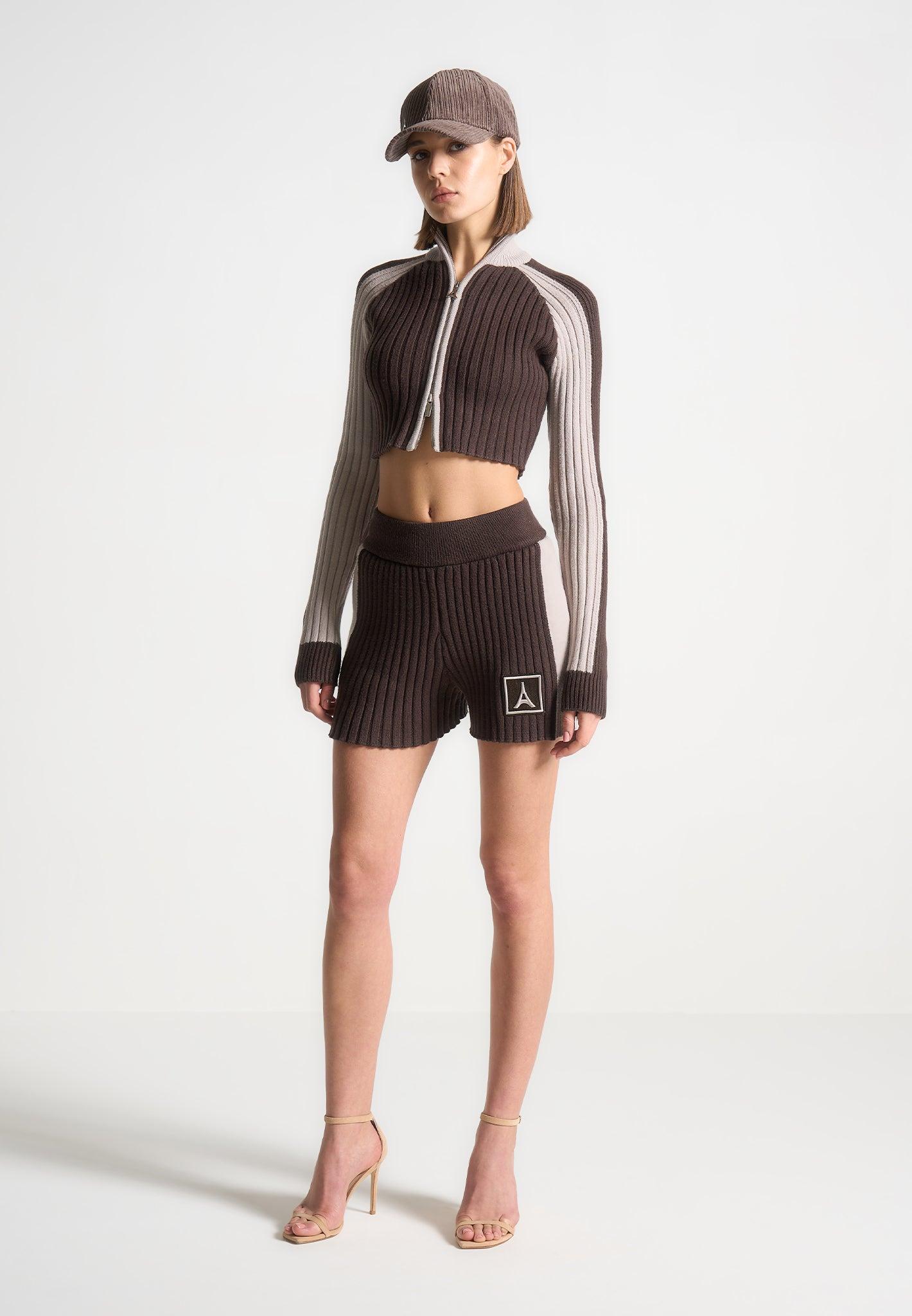 Rib Knit Track Shorts - Brown/Beige Female Product Image