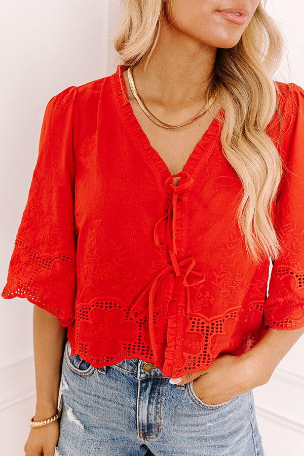 Boho Charm Embroidered Front Tie Top in Red Product Image