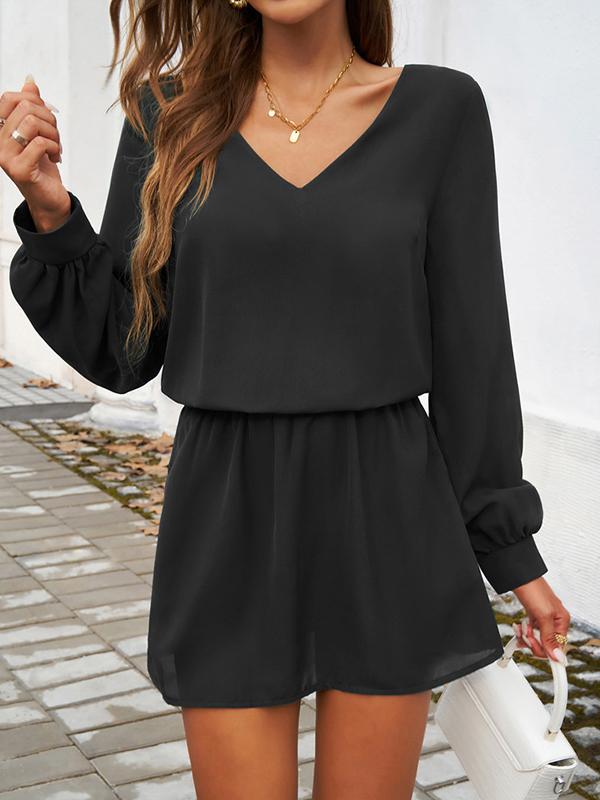 A-Line High Waisted Elasticity Pleated Solid Color V-Neck Mini Dresses Product Image