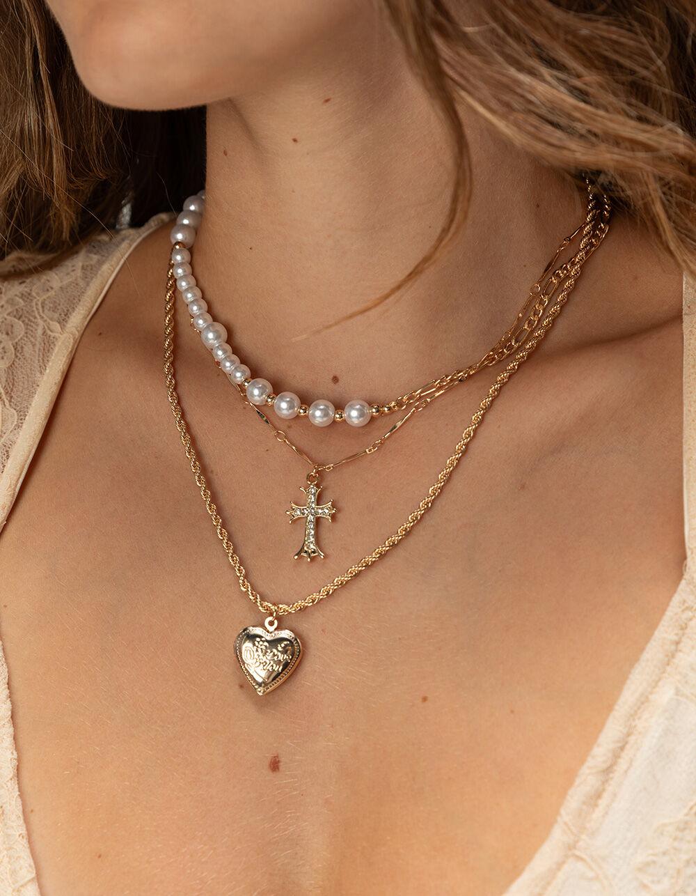 FULL TILT Layered Cross/Pearl Heart Necklace - GOLD Product Image