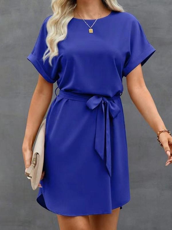 Loose Short Sleeves Solid Color Tied Waist Round-Neck Mini Dresses Product Image