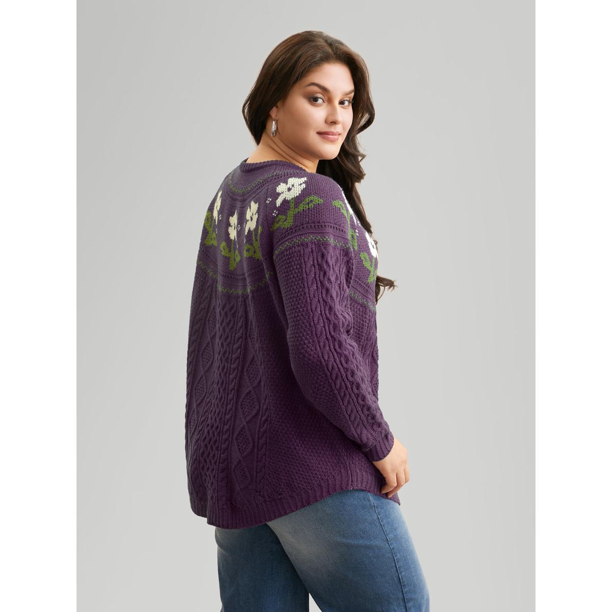 Plus Size Floral Jacquard Raglan Sleeve Pullover DarkGreen Women Casual Long Sleeve Round Neck Everyday Pullovers BloomChic 22-24/3X Product Image