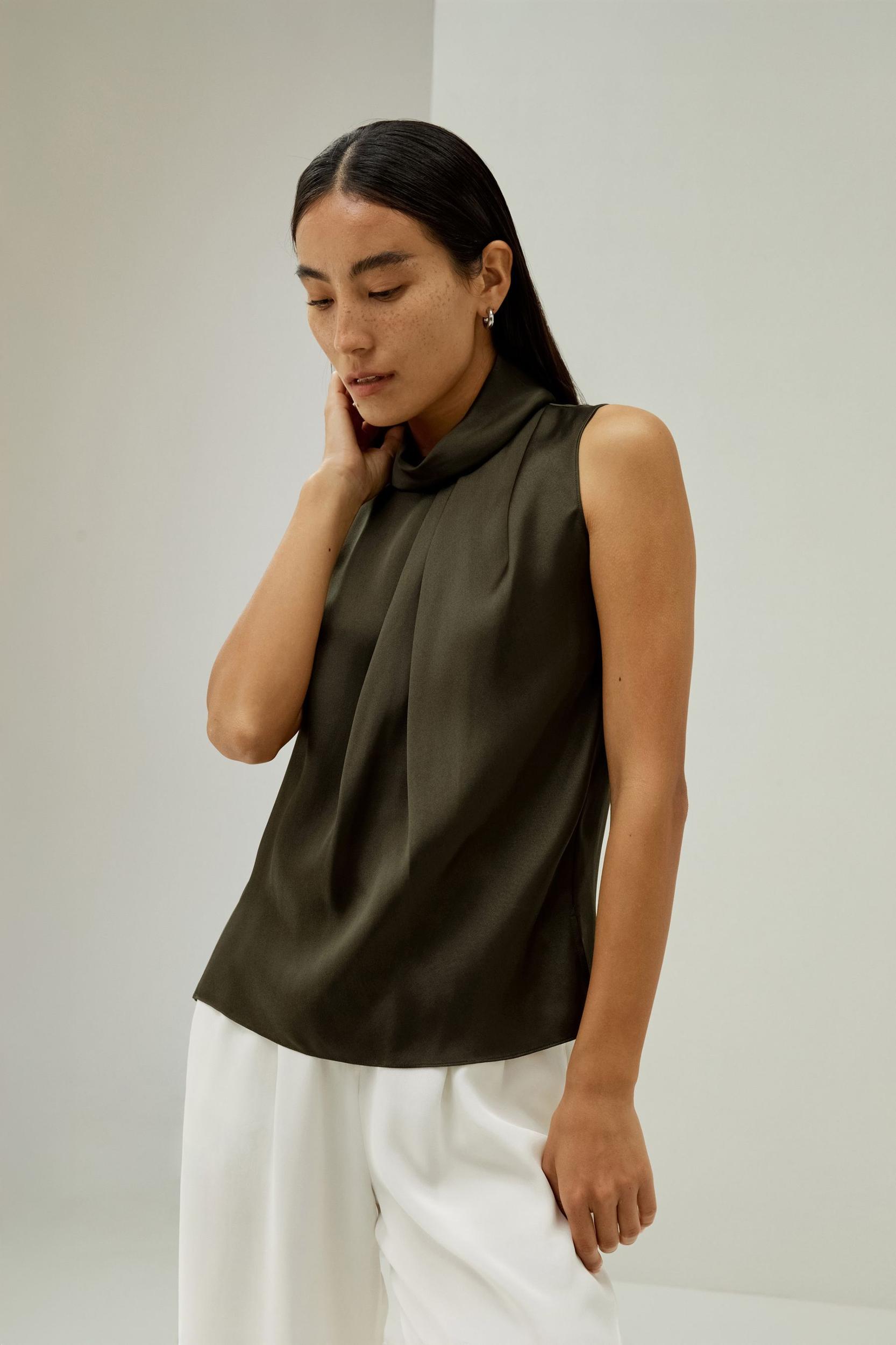 LILYSILK Silk Blouse Women - Dark Olive Mulberry Silk - Elegant Cowl Neck Blouse XS Product Image