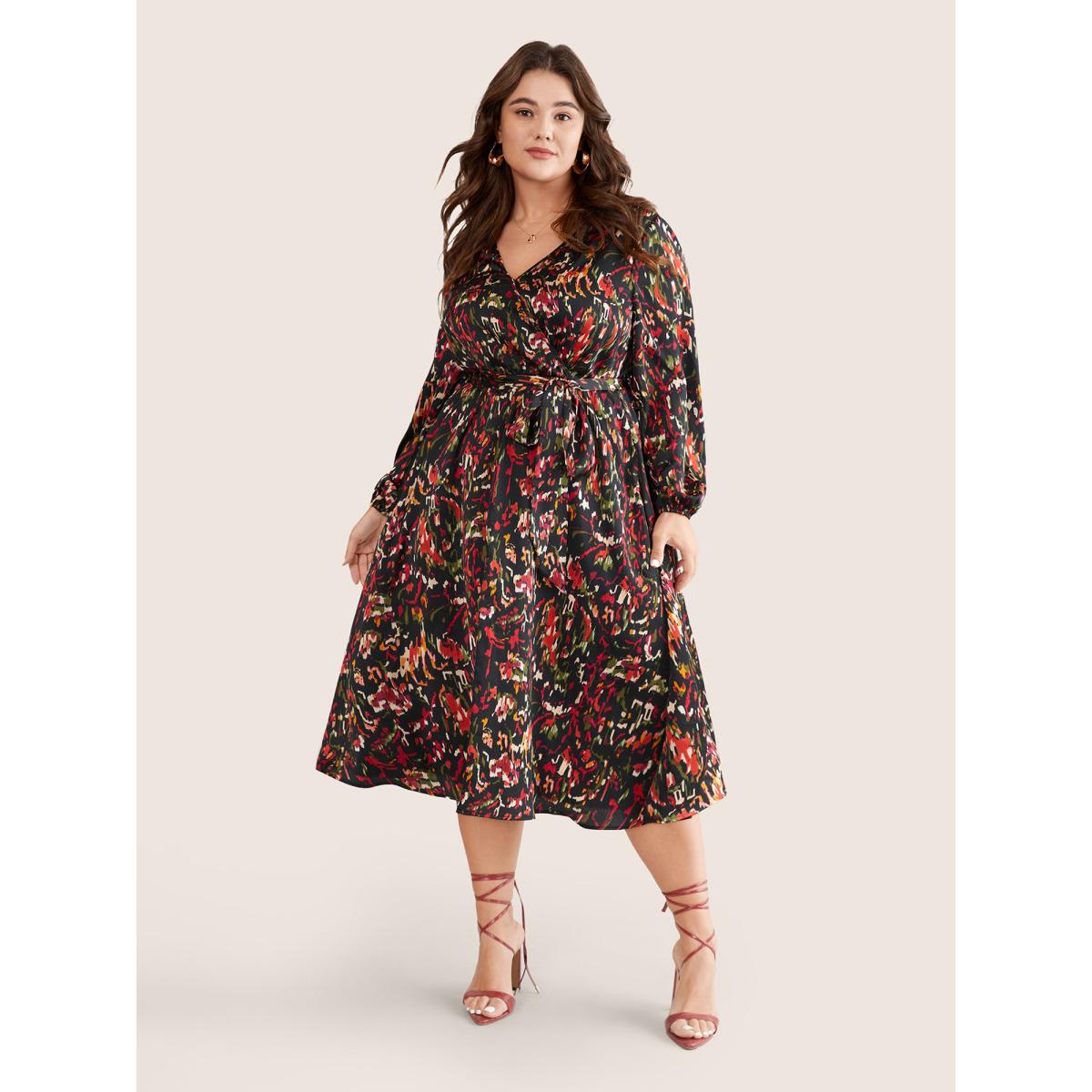 Plus Size Boho Print Wrap Pocket Lantern Sleeve Dress Black Women Elegant Elastic cuffs V-neck Long Sleeve Curvy Midi Dress BloomChic 22-24/3X Product Image